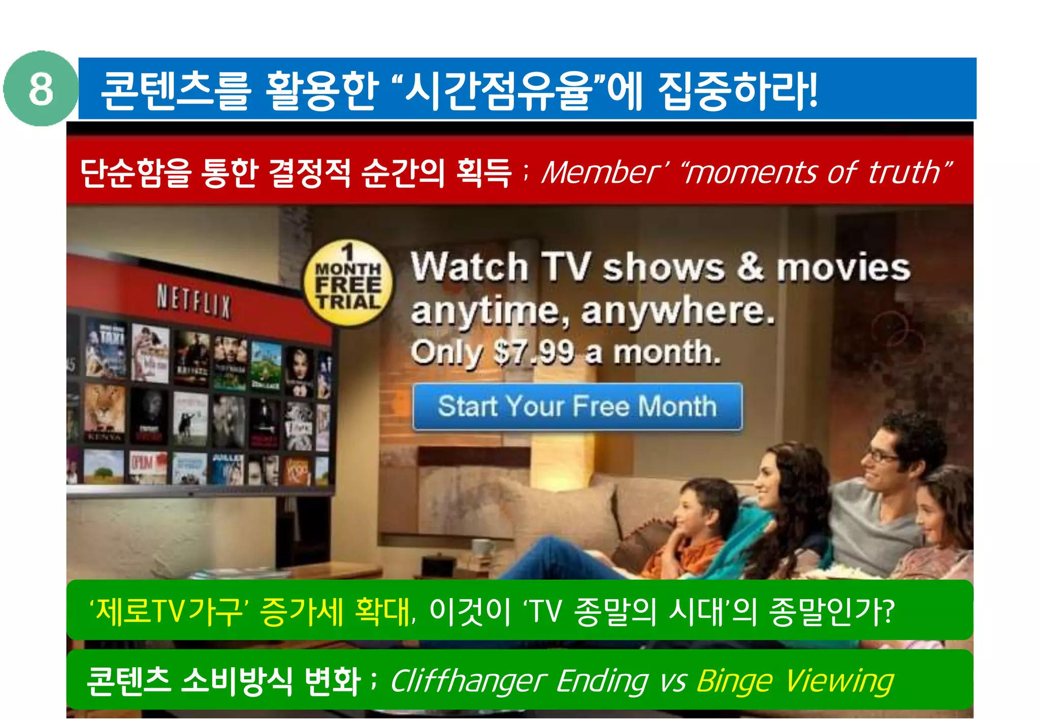 콘텐츠를 활용한 “시간점유율”에 집중하라! 
단순함을 통한 결정적 순간의 획득 ; Member’ “moments of truth” 
‘제로TV가구’ 증가세 확대, 이것이 ‘TV 종말의 시대’의 종말인가? 
콘텐츠 소비방식 변화 ; Cliffhanger Ending vs Binge Viewing 
 