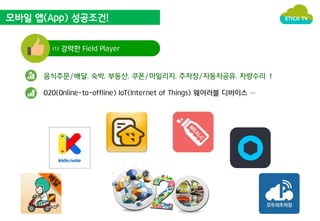 모바일 앱(App) 성공조건! 
⑴ 강력한 Field Player 
음식주문/배달, 숙박, 부동산, 쿠폰/마일리지, 주차장/자동차공유, 차량수리 ↑ 
O2O(Online-to-offline) IoT(Internet of Things) 웨어러블 디바이스 … 
 