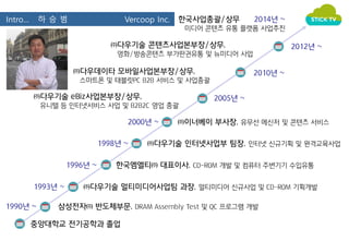 Intro… 하 승 범 Vercoop Inc. 
한국사업총괄/상무 2014년 ~ 
미디어 콘텐츠 유통 플랫폼 사업추진 
㈜다우기술 콘텐츠사업본부장/상무, 2012년 ~ 
영화/방송콘텐츠 부가판권유통 및 뉴미디어 사업 
㈜다우데이타 모바일사업본부장/상무, 2010년 ~ 
스마트폰 및 태블릿PC B2B 서비스 및 사업총괄 
㈜다우기술 eBiz사업본부장/상무, 2005년 ~ 
유니텔 등 인터넷서비스 사업 및 B2B2C 영업 총괄 
1998년 ~ ㈜다우기술 인터넷사업부 팀장, 인터넷 신규기획 및 원격교육사업 
1996년 ~ 한국엠엘티㈜ 대표이사, CD-ROM 개발 및 컴퓨터 주변기기 수입유통 
1993년 ~ ㈜다우기술 멀티미디어사업팀 과장, 멀티미디어 신규사업 및 CD-ROM 기획개발 
1990년 ~ 삼성전자㈜ 반도체부문, DRAM Assembly Test 및 QC 프로그램 개발 
중앙대학교 전기공학과 졸업 
2000년 ~ ㈜이너베이 부사장, 유무선 메신저 및 콘텐츠 서비스 
 