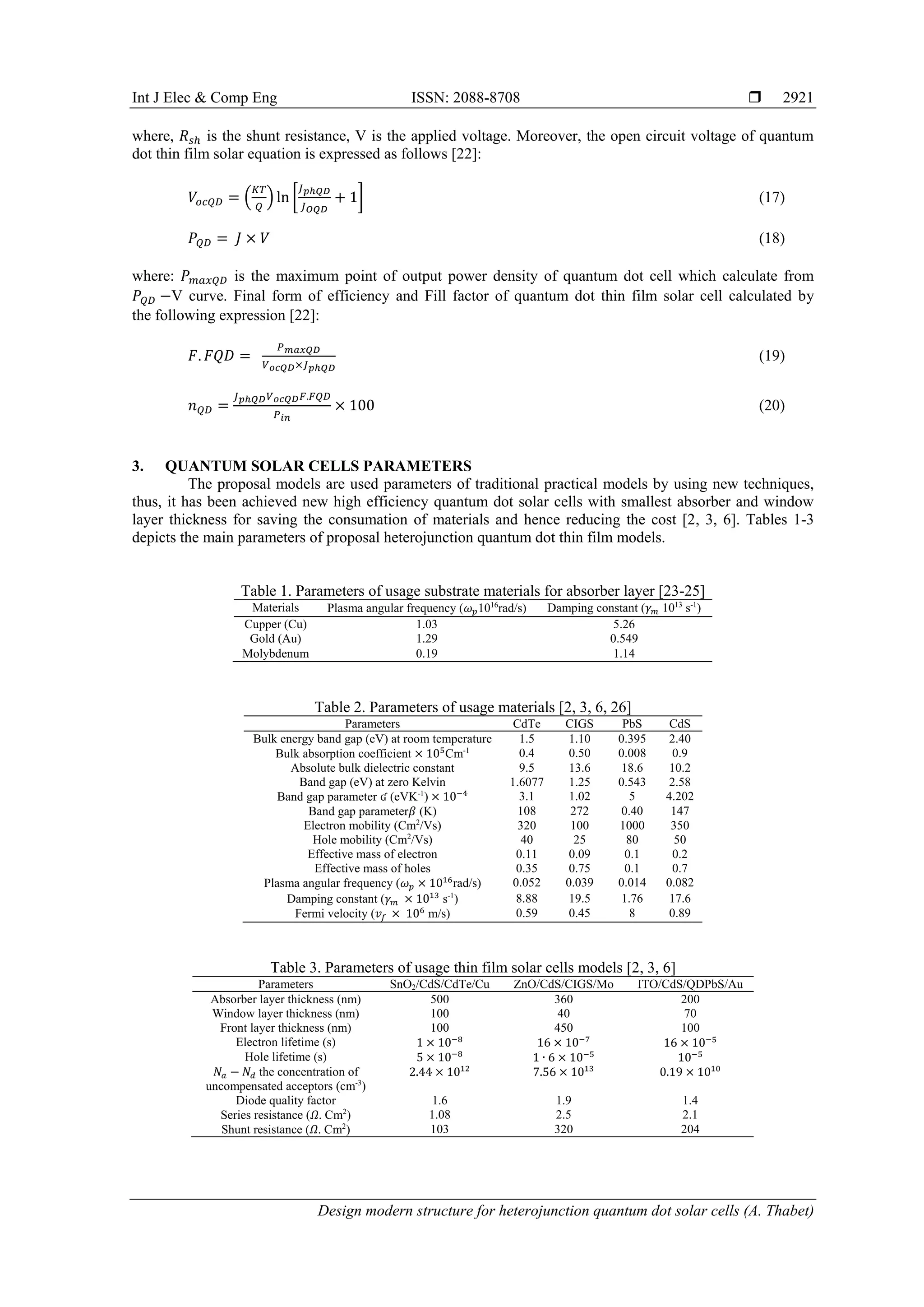 Int J Elec & Comp Eng ISSN: 2088-8708 
Design modern structure for heterojunction quantum dot solar cells (A. Thabet)
2921
where, 𝑅 𝑠ℎ is the shunt resistance, V is the applied voltage. Moreover, the open circuit voltage of quantum
dot thin film solar equation is expressed as follows [22]:
𝑉𝑜𝑐𝑄𝐷 = (
𝐾𝑇
𝑄
) ln [
𝐽 𝑝ℎ𝑄𝐷
𝐽 𝑂𝑄𝐷
+ 1] (17)
𝑃𝑄𝐷 = 𝐽 × 𝑉 (18)
where: 𝑃 𝑚𝑎𝑥𝑄𝐷 is the maximum point of output power density of quantum dot cell which calculate from
𝑃𝑄𝐷 −V curve. Final form of efficiency and Fill factor of quantum dot thin film solar cell calculated by
the following expression [22]:
𝐹. 𝐹𝑄𝐷 =
𝑃 𝑚𝑎𝑥𝑄𝐷
𝑉 𝑜𝑐𝑄𝐷×𝐽 𝑝ℎ𝑄𝐷
(19)
𝑛 𝑄𝐷 =
𝐽 𝑝ℎ𝑄𝐷 𝑉 𝑜𝑐𝑄𝐷 𝐹.𝐹𝑄𝐷
𝑃 𝑖𝑛
× 100 (20)
3. QUANTUM SOLAR CELLS PARAMETERS
The proposal models are used parameters of traditional practical models by using new techniques,
thus, it has been achieved new high efficiency quantum dot solar cells with smallest absorber and window
layer thickness for saving the consumation of materials and hence reducing the cost [2, 3, 6]. Tables 1-3
depicts the main parameters of proposal heterojunction quantum dot thin film models.
Table 1. Parameters of usage substrate materials for absorber layer [23-25]
Materials Plasma angular frequency (𝜔 𝑝1016
rad/s) Damping constant (𝛾 𝑚 1013
s-1
)
Cupper (Cu) 1.03 5.26
Gold (Au) 1.29 0.549
Molybdenum 0.19 1.14
Table 2. Parameters of usage materials [2, 3, 6, 26]
Parameters CdTe CIGS PbS CdS
Bulk energy band gap (eV) at room temperature 1.5 1.10 0.395 2.40
Bulk absorption coefficient × 105
Cm-1
0.4 0.50 0.008 0.9
Absolute bulk dielectric constant 9.5 13.6 18.6 10.2
Band gap (eV) at zero Kelvin 1.6077 1.25 0.543 2.58
Band gap parameter ʛ (eVK-1
) × 10−4 3.1 1.02 5 4.202
Band gap parameter𝛽 (K) 108 272 0.40 147
Electron mobility (Cm2
/Vs) 320 100 1000 350
Hole mobility (Cm2
/Vs) 40 25 80 50
Effective mass of electron 0.11 0.09 0.1 0.2
Effective mass of holes 0.35 0.75 0.1 0.7
Plasma angular frequency (𝜔 𝑝 × 1016
rad/s) 0.052 0.039 0.014 0.082
Damping constant (𝛾 𝑚 × 1013
s-1
) 8.88 19.5 1.76 17.6
Fermi velocity (𝑣𝑓 × 106
m/s) 0.59 0.45 8 0.89
Table 3. Parameters of usage thin film solar cells models [2, 3, 6]
Parameters SnO2/CdS/CdTe/Cu ZnO/CdS/CIGS/Mo ITO/CdS/QDPbS/Au
Absorber layer thickness (nm) 500 360 200
Window layer thickness (nm) 100 40 70
Front layer thickness (nm) 100 450 100
Electron lifetime (s) 1 × 10−8
16 × 10−7
16 × 10−5
Hole lifetime (s) 5 × 10−8
1 ∙ 6 × 10−5
10−5
𝑁𝑎 − 𝑁𝑑 the concentration of
uncompensated acceptors (cm-3
)
2.44 × 1012
7.56 × 1013
0.19 × 1010
Diode quality factor 1.6 1.9 1.4
Series resistance (𝛺. Cm2
) 1.08 2.5 2.1
Shunt resistance (𝛺. Cm2
) 103 320 204
 