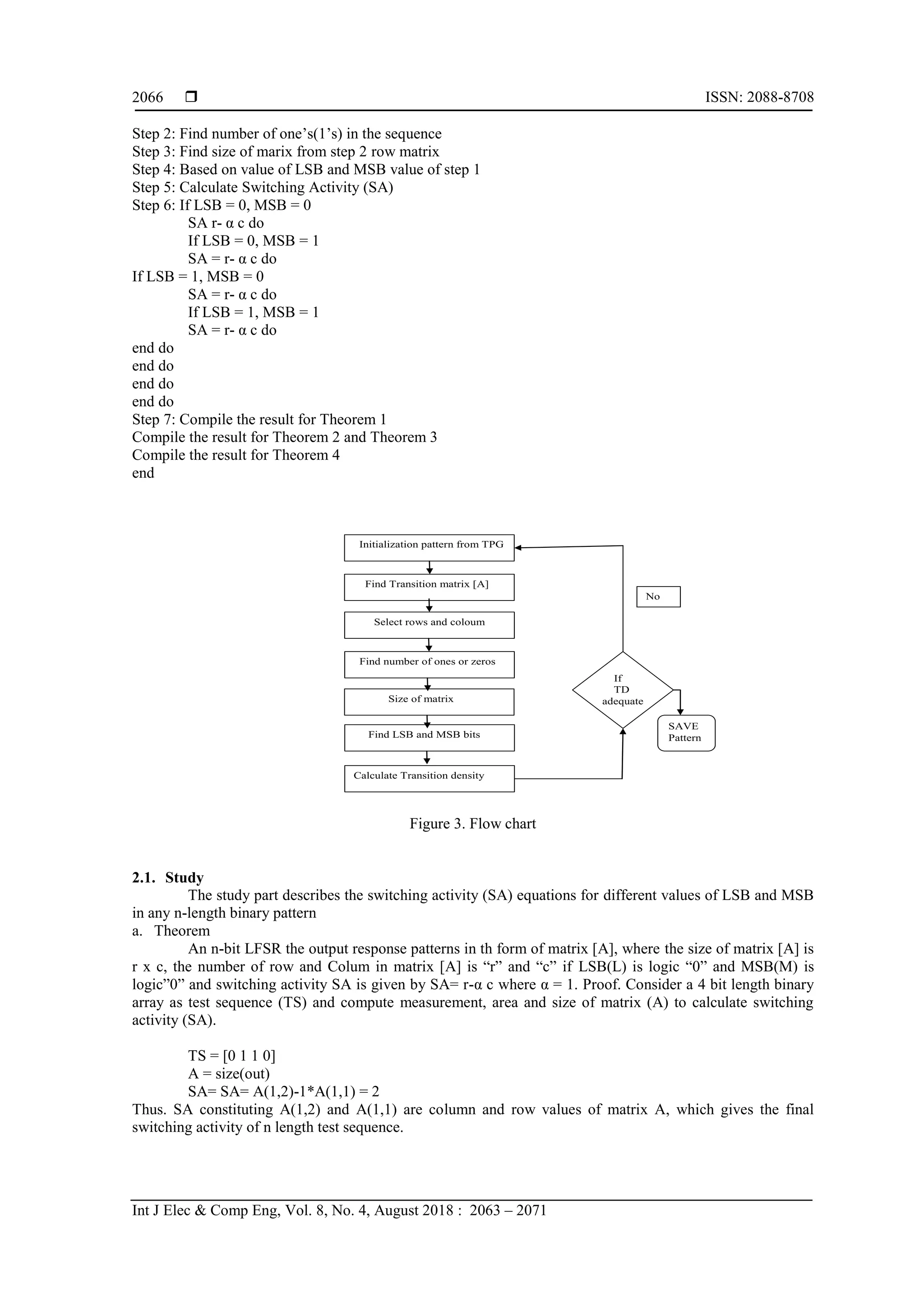  ISSN: 2088-8708 Int J Elec & Comp Eng, Vol. 8, No. 4, August 2018 : 2063 – 2071 2066 Step 2: Find number of one‟s(1‟s) in the sequence Step 3: Find size of marix from step 2 row matrix Step 4: Based on value of LSB and MSB value of step 1 Step 5: Calculate Switching Activity (SA) Step 6: If LSB = 0, MSB = 0 SA r- α c do If LSB = 0, MSB = 1 SA = r- α c do If LSB = 1, MSB = 0 SA = r- α c do If LSB = 1, MSB = 1 SA = r- α c do end do end do end do end do Step 7: Compile the result for Theorem 1 Compile the result for Theorem 2 and Theorem 3 Compile the result for Theorem 4 end Figure 3. Flow chart 2.1. Study The study part describes the switching activity (SA) equations for different values of LSB and MSB in any n-length binary pattern a. Theorem An n-bit LFSR the output response patterns in th form of matrix [A], where the size of matrix [A] is r x c, the number of row and Colum in matrix [A] is “r” and “c” if LSB(L) is logic “0” and MSB(M) is logic”0” and switching activity SA is given by SA= r-α c where α = 1. Proof. Consider a 4 bit length binary array as test sequence (TS) and compute measurement, area and size of matrix (A) to calculate switching activity (SA). TS = [0 1 1 0] A = size(out) SA= SA= A(1,2)-1*A(1,1) = 2 Thus. SA constituting A(1,2) and A(1,1) are column and row values of matrix A, which gives the final switching activity of n length test sequence. Initialization pattern from TPG Find Transition matrix [A] Select rows and coloum Find number of ones or zeros Find LSB and MSB bits Size of matrix Calculate Transition density If TD adequate SAVE Pattern No 