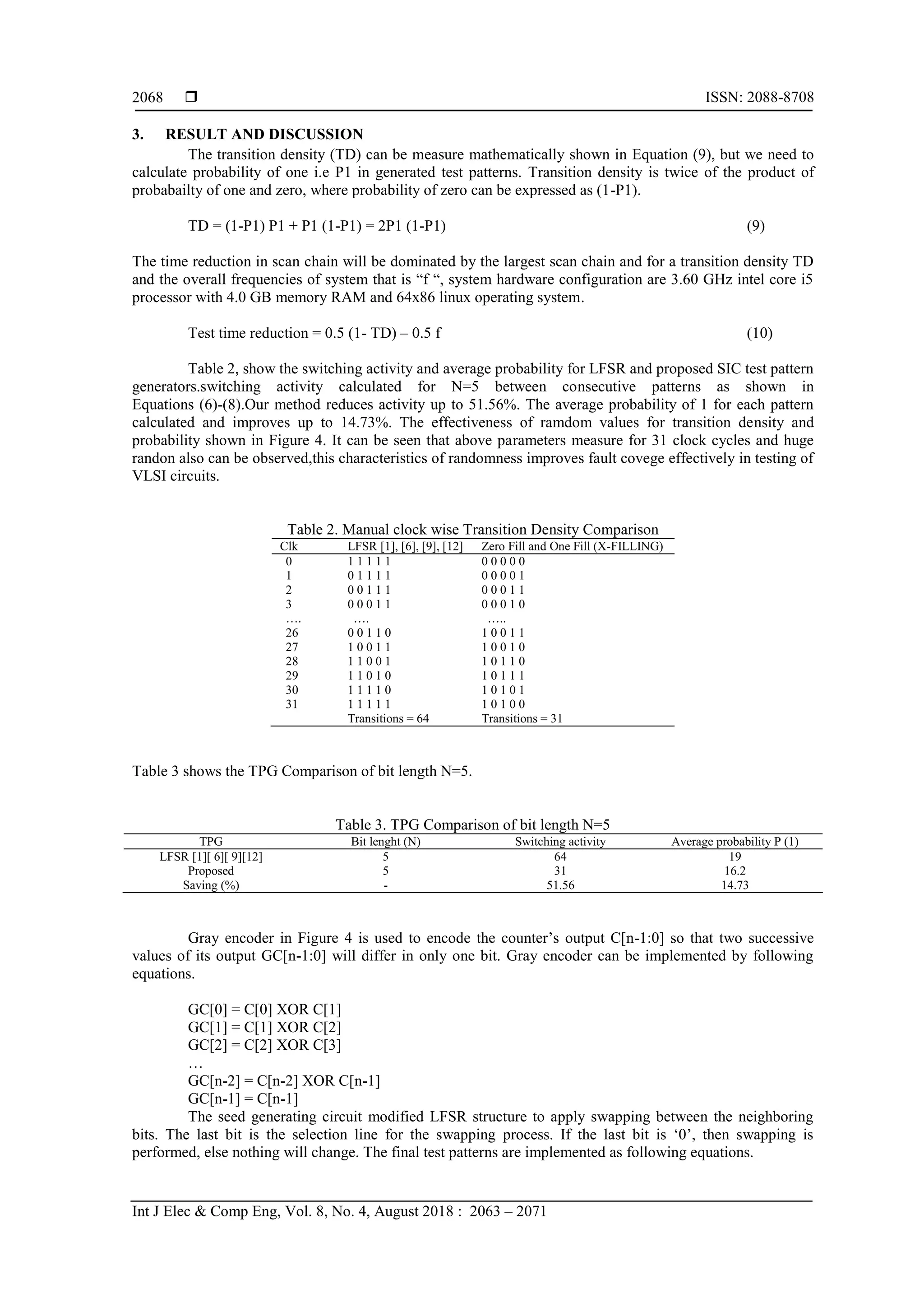  ISSN: 2088-8708 Int J Elec & Comp Eng, Vol. 8, No. 4, August 2018 : 2063 – 2071 2068 3. RESULT AND DISCUSSION The transition density (TD) can be measure mathematically shown in Equation (9), but we need to calculate probability of one i.e P1 in generated test patterns. Transition density is twice of the product of probabailty of one and zero, where probability of zero can be expressed as (1-P1). TD = (1-P1) P1 + P1 (1-P1) = 2P1 (1-P1) (9) The time reduction in scan chain will be dominated by the largest scan chain and for a transition density TD and the overall frequencies of system that is “f “, system hardware configuration are 3.60 GHz intel core i5 processor with 4.0 GB memory RAM and 64x86 linux operating system. Test time reduction = 0.5 (1- TD) – 0.5 f (10) Table 2, show the switching activity and average probability for LFSR and proposed SIC test pattern generators.switching activity calculated for N=5 between consecutive patterns as shown in Equations (6)-(8).Our method reduces activity up to 51.56%. The average probability of 1 for each pattern calculated and improves up to 14.73%. The effectiveness of ramdom values for transition density and probability shown in Figure 4. It can be seen that above parameters measure for 31 clock cycles and huge randon also can be observed,this characteristics of randomness improves fault covege effectively in testing of VLSI circuits. Table 2. Manual clock wise Transition Density Comparison Clk LFSR [1], [6], [9], [12] Zero Fill and One Fill (X-FILLING) 0 1 1 1 1 1 0 0 0 0 0 1 0 1 1 1 1 0 0 0 0 1 2 0 0 1 1 1 0 0 0 1 1 3 0 0 0 1 1 0 0 0 1 0 …. …. ….. 26 0 0 1 1 0 1 0 0 1 1 27 1 0 0 1 1 1 0 0 1 0 28 1 1 0 0 1 1 0 1 1 0 29 1 1 0 1 0 1 0 1 1 1 30 1 1 1 1 0 1 0 1 0 1 31 1 1 1 1 1 1 0 1 0 0 Transitions = 64 Transitions = 31 Table 3 shows the TPG Comparison of bit length N=5. Table 3. TPG Comparison of bit length N=5 TPG Bit lenght (N) Switching activity Average probability P (1) LFSR [1][ 6][ 9][12] 5 64 19 Proposed 5 31 16.2 Saving (%) - 51.56 14.73 Gray encoder in Figure 4 is used to encode the counter‟s output C[n-1:0] so that two successive values of its output GC[n-1:0] will differ in only one bit. Gray encoder can be implemented by following equations. GC[0] = C[0] XOR C[1] GC[1] = C[1] XOR C[2] GC[2] = C[2] XOR C[3] … GC[n-2] = C[n-2] XOR C[n-1] GC[n-1] = C[n-1] The seed generating circuit modified LFSR structure to apply swapping between the neighboring bits. The last bit is the selection line for the swapping process. If the last bit is „0‟, then swapping is performed, else nothing will change. The final test patterns are implemented as following equations. 