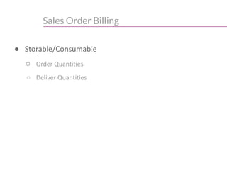 Sales Order Billing
● Storable/Consumable
○ Order Quantities
○ Deliver Quantities
 