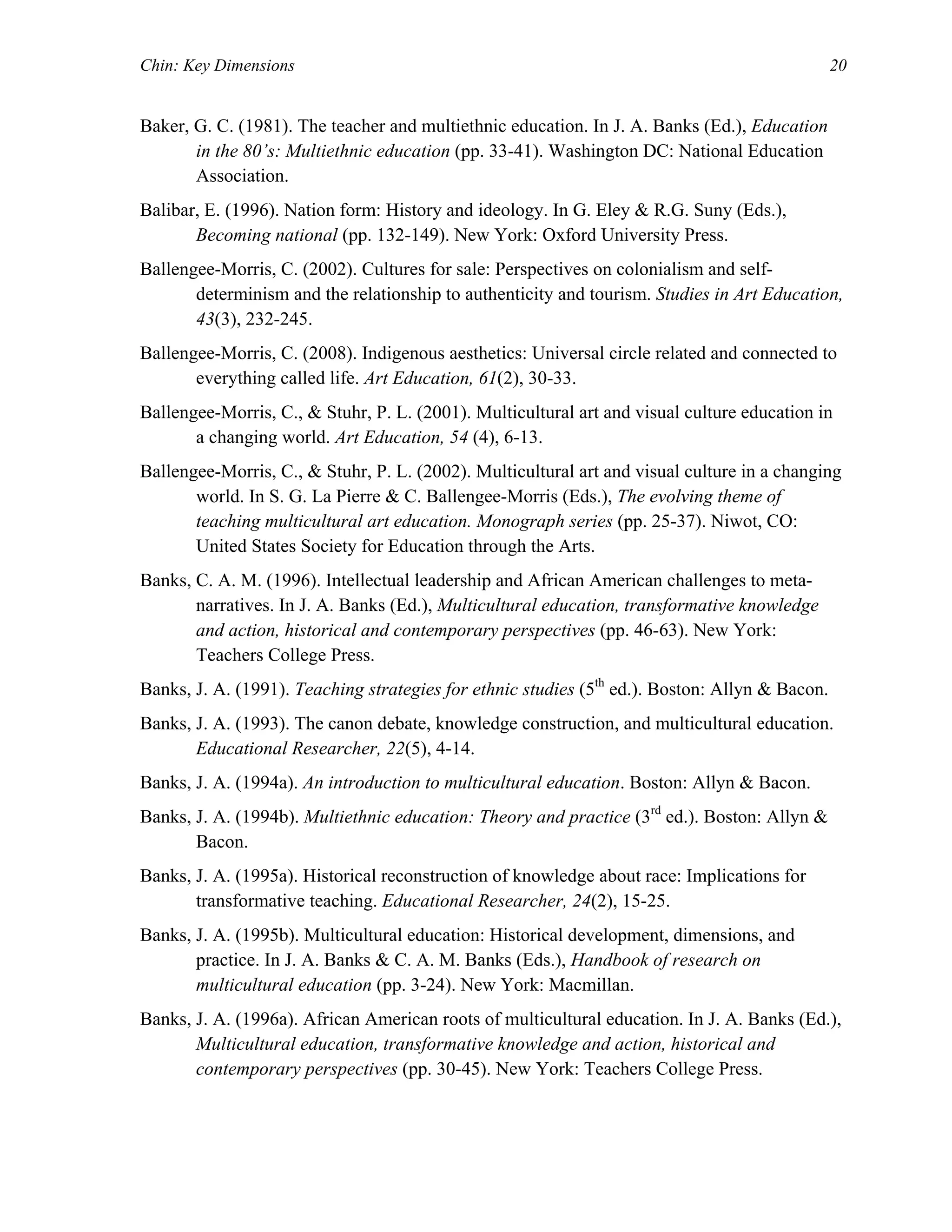 Chin: Key Dimensions 20
Baker, G. C. (1981). The teacher and multiethnic education. In J. A. Banks (Ed.), Education
in the 80’s: Multiethnic education (pp. 33-41). Washington DC: National Education
Association.
Balibar, E. (1996). Nation form: History and ideology. In G. Eley & R.G. Suny (Eds.),
Becoming national (pp. 132-149). New York: Oxford University Press.
Ballengee-Morris, C. (2002). Cultures for sale: Perspectives on colonialism and self-
determinism and the relationship to authenticity and tourism. Studies in Art Education,
43(3), 232-245.
Ballengee-Morris, C. (2008). Indigenous aesthetics: Universal circle related and connected to
everything called life. Art Education, 61(2), 30-33.
Ballengee-Morris, C., & Stuhr, P. L. (2001). Multicultural art and visual culture education in
a changing world. Art Education, 54 (4), 6-13.
Ballengee-Morris, C., & Stuhr, P. L. (2002). Multicultural art and visual culture in a changing
world. In S. G. La Pierre & C. Ballengee-Morris (Eds.), The evolving theme of
teaching multicultural art education. Monograph series (pp. 25-37). Niwot, CO:
United States Society for Education through the Arts.
Banks, C. A. M. (1996). Intellectual leadership and African American challenges to meta-
narratives. In J. A. Banks (Ed.), Multicultural education, transformative knowledge
and action, historical and contemporary perspectives (pp. 46-63). New York:
Teachers College Press.
Banks, J. A. (1991). Teaching strategies for ethnic studies (5th
ed.). Boston: Allyn & Bacon.
Banks, J. A. (1993). The canon debate, knowledge construction, and multicultural education.
Educational Researcher, 22(5), 4-14.
Banks, J. A. (1994a). An introduction to multicultural education. Boston: Allyn & Bacon.
Banks, J. A. (1994b). Multiethnic education: Theory and practice (3rd
ed.). Boston: Allyn &
Bacon.
Banks, J. A. (1995a). Historical reconstruction of knowledge about race: Implications for
transformative teaching. Educational Researcher, 24(2), 15-25.
Banks, J. A. (1995b). Multicultural education: Historical development, dimensions, and
practice. In J. A. Banks & C. A. M. Banks (Eds.), Handbook of research on
multicultural education (pp. 3-24). New York: Macmillan.
Banks, J. A. (1996a). African American roots of multicultural education. In J. A. Banks (Ed.),
Multicultural education, transformative knowledge and action, historical and
contemporary perspectives (pp. 30-45). New York: Teachers College Press.
 