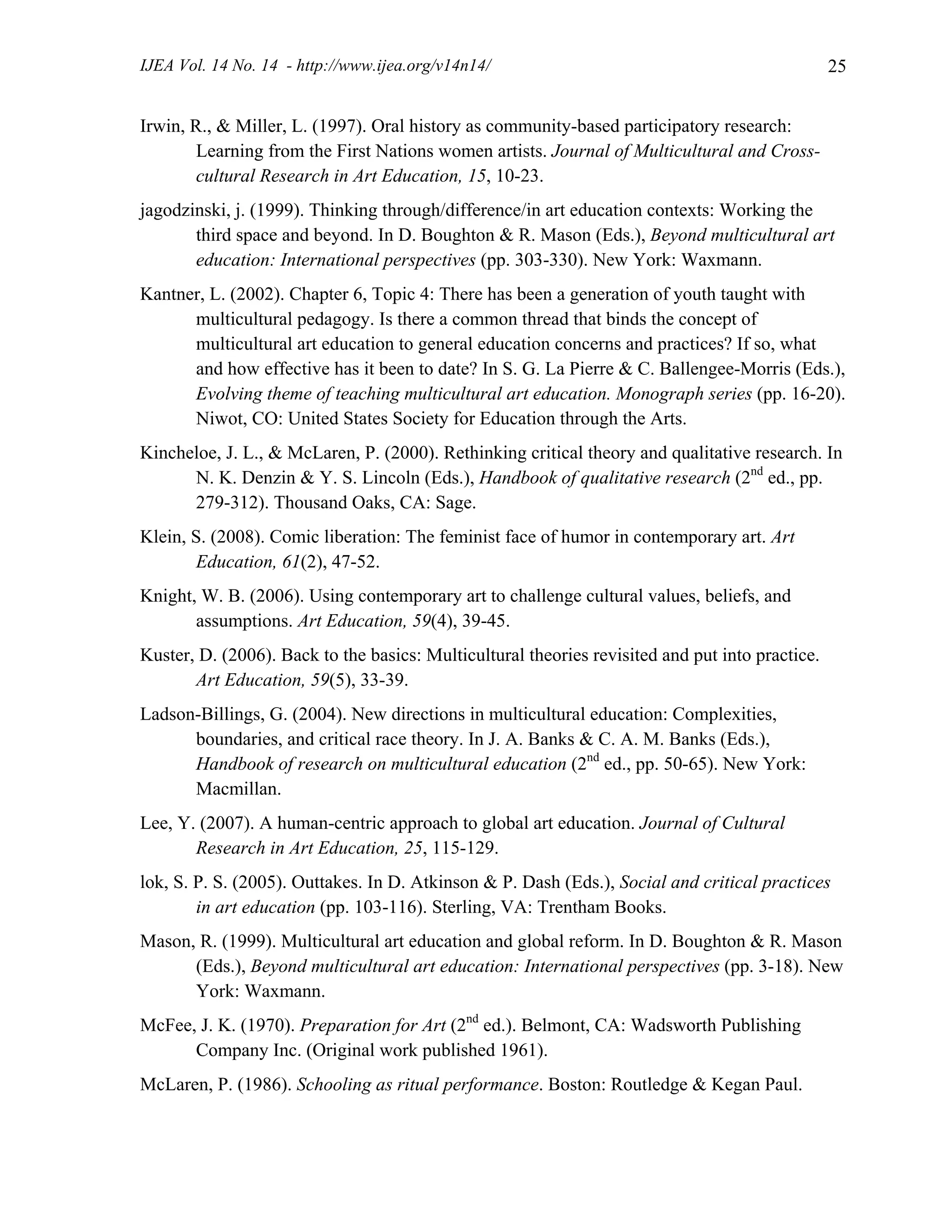 IJEA Vol. 14 No. 14 - http://www.ijea.org/v14n14/ 25
Irwin, R., & Miller, L. (1997). Oral history as community-based participatory research:
Learning from the First Nations women artists. Journal of Multicultural and Cross-
cultural Research in Art Education, 15, 10-23.
jagodzinski, j. (1999). Thinking through/difference/in art education contexts: Working the
third space and beyond. In D. Boughton & R. Mason (Eds.), Beyond multicultural art
education: International perspectives (pp. 303-330). New York: Waxmann.
Kantner, L. (2002). Chapter 6, Topic 4: There has been a generation of youth taught with
multicultural pedagogy. Is there a common thread that binds the concept of
multicultural art education to general education concerns and practices? If so, what
and how effective has it been to date? In S. G. La Pierre & C. Ballengee-Morris (Eds.),
Evolving theme of teaching multicultural art education. Monograph series (pp. 16-20).
Niwot, CO: United States Society for Education through the Arts.
Kincheloe, J. L., & McLaren, P. (2000). Rethinking critical theory and qualitative research. In
N. K. Denzin & Y. S. Lincoln (Eds.), Handbook of qualitative research (2nd
ed., pp.
279-312). Thousand Oaks, CA: Sage.
Klein, S. (2008). Comic liberation: The feminist face of humor in contemporary art. Art
Education, 61(2), 47-52.
Knight, W. B. (2006). Using contemporary art to challenge cultural values, beliefs, and
assumptions. Art Education, 59(4), 39-45.
Kuster, D. (2006). Back to the basics: Multicultural theories revisited and put into practice.
Art Education, 59(5), 33-39.
Ladson-Billings, G. (2004). New directions in multicultural education: Complexities,
boundaries, and critical race theory. In J. A. Banks & C. A. M. Banks (Eds.),
Handbook of research on multicultural education (2nd
ed., pp. 50-65). New York:
Macmillan.
Lee, Y. (2007). A human-centric approach to global art education. Journal of Cultural
Research in Art Education, 25, 115-129.
lok, S. P. S. (2005). Outtakes. In D. Atkinson & P. Dash (Eds.), Social and critical practices
in art education (pp. 103-116). Sterling, VA: Trentham Books.
Mason, R. (1999). Multicultural art education and global reform. In D. Boughton & R. Mason
(Eds.), Beyond multicultural art education: International perspectives (pp. 3-18). New
York: Waxmann.
McFee, J. K. (1970). Preparation for Art (2nd
ed.). Belmont, CA: Wadsworth Publishing
Company Inc. (Original work published 1961).
McLaren, P. (1986). Schooling as ritual performance. Boston: Routledge & Kegan Paul.
 