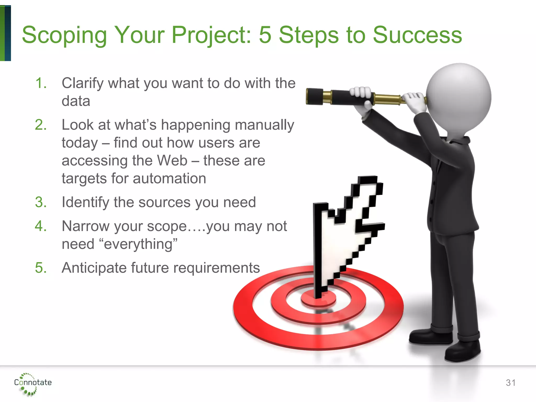 Scoping Your Project: 5 Steps to Success
1. Clarify what you want to do with the
data
2. Look at what’s happening manually
today – find out how users are
accessing the Web – these are
targets for automation
3. Identify the sources you need
4. Narrow your scope….you may not
need “everything”
5. Anticipate future requirements
31
 