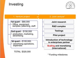 Investing
* Funding milestones
1. Venture project
1st quart – $80,000
• Office, equipment,
samples, patenting, staff.
2nd quart – $150,000
• production, marketing,
advertising.
3d quart – $100,000.
• advertising operations.
expenses
2. Joint venture*
Joint research
R&D complex
Testings
Pilot project
Introduction of technology
in enterprises partner
Scaling and monetizing
(International)
or
TOTAL: $320,000
 