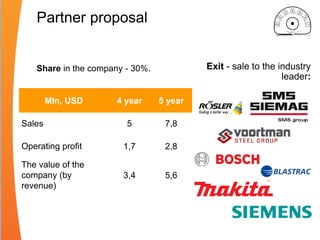 Partner proposal
Share in the company - 30%.
Mln, USD 4 year 5 year
Sales 5 7,8
Operating profit 1,7 2,8
The value of the
company (by
revenue)
3,4 5,6
Exit - sale to the industry
leader:
 
