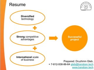 Resume
Prepared: Druzhinin Gleb.
+ 7-812-938-86-64 gleb@baraban.tech
www.baraban.tech
Diversified
technology
Strong competitive
advantages
International scale
of business
Successful
project
 