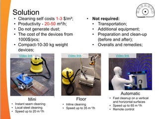Solution
Video link Video link Video link
• Instant seam cleaning
• Local steel cleaning
• Speed up to 20 m ²/h
Mini Floor
• Inline cleaning
• Speed up to 35 m ²/h
Automatic
• Fast cleanup on a vertical
and horizontal surfaces
• Speed up to 65 m ²/h
• Remote control
• Cleaning self costs 1-3 $/m²;
• Productivity - 20-50 m²/h;
• Do not generate dust;
• The cost of the devices from
1000$/pcs;
• Compact-10-30 kg weight
devices;
• Not required:
• Transportation;
• Additional equipment;
• Preparation and clean-up
(before and after);
• Overalls and remedies;
 