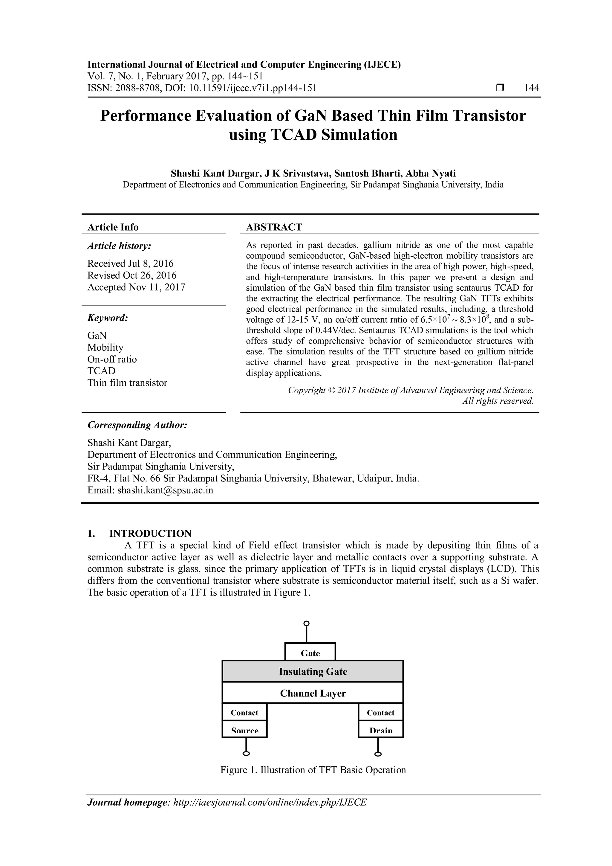 Performance Evaluation of GaN Based Thin Film Transistor using TCAD ...