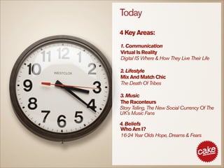Today
4 Key Areas:
1. Communication
Virtual Is Reality
Digital IS Where & How They Live Their Life

2. Lifestyle
Mix And Match Chic
The Death Of Tribes

3. Music
The Raconteurs
Story Telling, The New Social Currency Of The
UK’s Music Fans

4. Beliefs
Who Am I?
16-24 Year Olds Hope, Dreams & Fears
 