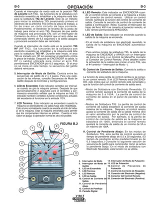 B-3                                                 OPERACIÓN                                                                   B-3
Cuando el interruptor de modo está en la posición TIG                8. LED Remoto: Este indicador se ENCENDERÁ cuan-
de Levante (Lift TIG), las funciones de la soldadura con                do un control remoto se conecte a la máquina a través
electrodo revestido se inhabilitan y la máquina está lista              del conector de control remoto. Utilizar un control
para la soldadura TIG de Levante. Éste es un método                     remoto cambiará la función del control de corriente de
para iniciar la soldadura TIG presionando primero el                    salida. Consulte la sección de control de corriente de
electrodo de la antorcha TIG contra la pieza de trabajo, a              salida a continuación. (Nota: Cuando el Interruptor de
fin de crear un corto circuito de baja corriente.                       Inicio del Arco K814 se conecta al conector remoto, el
Posteriormente, el electrodo se levanta de la pieza de                  LED remoto permanecerá APAGADO).
trabajo para iniciar el arco TIG. Después de que salida
de máquina sea provocada EN, con un Interruptor de                   9. LED de Salida: Este indicador se enciende cuando la
Comienzo de Arco o Pie Amptrol que el arco debe ser                     salida de la máquina se enciende.
comenzado dentro de 6,5 segundos o la salida apagará
y provocará sucesión debe ser reiniciada.                              • En el modo de soldadura con electrodo revestido, la
                                                                         salida de la máquina se ENCIENDE automática-
Cuando el interruptor de modo está en la posición TIG                    mente.
HF (HF TIG), las funciones de la soldadura con
electrodo revestido se inhabilitan y la máquina está lista             • Para ambos modos de soldadura TIG, la salida de la
para la soldadura TIG HF. Durante este modo, el arco                     máquina se ENCIENDE y APAGA con un Interruptor
TIG es iniciado por HF sin presionar el electrodo contra                 de Inicio de Arco o un Control de Mano/Pie montado
la pieza de trabajo. Después de ENCENDER la salida, la                   al Conector de Control Remoto. (Para detalles sobre
HF (y salida) utilizada para iniciar el arco TIG                         la activación de la salida para iniciar el arco TIG, vea
permanecerá ENCENDIDA por 6.5 segundos. Si el arco                       el #4 anterior – Interruptor de Modo -).
no se inicia en este tiempo, la secuencia del gatillo
deberá reiniciarse.                                                  10. Control de Corriente de Salida: Controla la salida o
                                                                         corriente de soldadura de la máquina.
5. Interruptor de Modo de Gatillo: Cambia entre las
   secuencias de gatillo de 2 y 4 pasos. Para una expli-              La función de esta perilla de control cambia si se conec-
   cación de las mismas, consulte Secuencias de Modo de               ta un control remoto. Si el LED Remoto está ENCENDI-
   Gatillo después de Controles y Configuraciones.                    DO, esto indica que un control remoto está conectado y
                                                                      que la función del control de corriente de salida será:
6. LED de Encendido: Este indicador centelleo por interval-
   os cuando se gira la máquina primero. Después de que                • Modo de Soldadura con Electrodo Revestido: El
   aproximadamente 2 segundos pare el centelleo y per-                   control remoto ajustará la corriente de salida de la
   manezca encendido señalar que la máquina es lista. El                 máquina de 5 a 160A. La perilla de control de
   indicador también centelleo durante condiciones actuales              corriente de salida en el panel de pantalla no se
   del excedente al funcionar en la entrada 115V.                        utiliza.
7. LED Térmico: Este indicador se encenderá cuando la                  • Modos de Soldadura TIG: La perilla de control de
   máquina se sobrecaliente y la salida haya sido inhabilitada.          corriente de salida establece la corriente de salida
  Esto ocurre normalmente cuando se excede el ciclo de traba-            máxima de la máquina. Después, el control remoto
  jo de la máquina. Deje la máquina encendida para permitir              ajusta la corriente de salida de la salida mínima (5A)
  que los componentes internos se enfríen. Cuando el indi-               al valor establecido por la perilla de control de
  cador se apaga, la operación normal es otra vez posible.               corriente de salida. Por ejemplo, si la perilla de
                                                                         control de corriente de salida en la máquina se
                                                                         establece en 100A, entonces el control remoto
                        6                    FIGURA B.2                  ajustará la corriente de salida de un mínimo de 5A a
                                         8                               un máximo de 100A.
                 7
                                              9                      11. Control de Pendiente Abajo: En los modos de
           5
                                                                         Soldadura TIG, esta perilla de control ajustará el
                                                  11                     tiempo de pendiente abajo de 0.5 a 20 segundos. (El
                                                                         tiempo de pendiente arriba predeterminado es de
                                                       13                0.5 segundos.) Consulte la siguiente sección de
      4                                                                  secuencia de gatillo para comprender cómo se activa
                                                            10           la pendiente abajo. En el modo de soldadura con
                                                                         Electrodo Revestido, esta función no se utiliza.
      14
                                                            12
      15
                                                                  4. Interruptor de Modo        14. Interruptor de Modo de Pulsación
                                                                  5. Interruptor de Modo de     15. LED de Pulsación
      16                                                              Gatillo                   16. Control de Frecuencia de
                                                                  6. LED de Encendido               Pulsación
      17                                                          7. LED Térmico                17. Control de Corriente de Respaldo
                                                         20       8. LED Remoto                 18. Conexión del Electrodo (Negativa)
                                                                  9. LED de Salida              19. Conector del Control Remoto
      18
                                                                  10. Control de Corriente de   20. Conexión del Electrodo (Positiva)
                                                                      Salida
                                                                  11. Control de Pendiente
                                                                      Abajo
                                                                  12. Control de Postflujo
      19                                                          13. Pantalla Digital

                                                              V160-T
 
