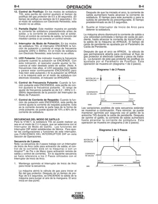 B-4                                             OPERACIÓN                                                                   B-4
12. Control de Postflujo: En los modos de soldadura                Después de que ha iniciado el arco, la corriente de
    TIG, esta perilla de control ajustará el tiempo de             salida aumentará hasta alcanzar la corriente de
    postflujo del gas protector de 0.5 a 30 segundos. (El          soldadura. El tiempo para este aumento o para la
    tiempo de preflujo es siempre de 0.5 segundos.) En             subida de pendiente es preconfigurable. El tiempo
    el modo de soldadura con Electrodo Revestido, esta             predeterminado es de 0.5 segundos.
    función no se utiliza.
                                                             2. Suelte el Interruptor de Inicio de Arco para
13. Pantalla Digital: Este medidor muestra en pantalla          detener la soldadura.
    la corriente de soldadura preestablecida antes de
    soldar, y la corriente de soldadura real al soldar.          La máquina ahora disminuirá la corriente de salida a
    Como el control de corriente de salida, la función del       una velocidad controlada o tiempo de caída de pen-
    medidor cambia si se conecta un control remoto.              diente, hasta alcanzar la corriente de Inicio/Cràter y
                                                                 la salida de la máquina se APAGUE. El tiempo de
14. Interruptor de Modo de Pulsación: En los modos               caída de pendiente es ajustada por el Parámetro de
    de soldadura TIG, el interruptor ENCIENDE la fun-            Caída de Pendiente.
    ción de pulsación y controla el rango de frecuencia
    pulsante (20Hz ó 300Hz). En el modo de soldadura             Después de que el arco se APAGA, la válvula de
    con Electrodo Revestido, esta función no se utiliza.         gas permanecerá abierta para continuar el flujo de
                                                                 gas protector al electrodo caliente y pieza de traba-
15. LED Pulsante: Este indicador muestra la frecuencia           jo. La duración de este gas protector de postflujo es
    pulsante cuando la pulsación se ENCIENDE. Con                ajustada por el Parámetro de Postflujo. Esta
    esta indicación, el operador puede ajustar la fre-           operación se muestra en (diagrama 1 de 2 pasos).
    cuencia al valor deseado antes de soldar. (Nota: A
    frecuencias más altas, el LED parpadea muy rápido
    y parece estar continuamente ENCENDIDO pero                                Diagrama 1 de 2 Pasos
    más bien está pulsando.) Si la pulsación se APAGA
    o si la máquina está en el modo de soldadura con
    electrodo revestido, el indicador se APAGARÁ.                 BOTÓN DE LA
                                                                  ANTORCHA
16. Control de Frecuencia Pulsante: Cuando la fun-
    ción pulsante está ENCENDIDA, esta perilla de con-
    trol ajustará la frecuencia pulsante. El rango de
    ajuste de frecuencia pulsante es de 0.2 - 20Hz ó 3 -
    300Hz dependiendo de la posición del Interruptor de            CORRIENTE
                                                                   DE SALIDA
    Modo de Pulsación.

17. Control de Corriente de Respaldo: Cuando la fun-                               PREFLUJO                    POSTFLUJO

    ción de pulsación está ENCENDIDA, esta perilla de                                         GAS ENCENDIDO
    control ajusta la corriente de respaldo pulsante. Esta
    es la corriente durante la parte baja de la forma de     Las variaciones posibles de esta secuencia estándar
    onda pulsante; se puede ajustar de 10% a 90% de la       se muestran a continuación. Para reiniciar, se puede
    corriente de soldadura.                                  mantener oprimido por segunda vez el gatillo de la
                                                             antorcha TIG durante la caída de pendiente. Después
                                                             de oprimir el gatillo, la corriente de salida aumentará
SECUENCIAS DEL MODO DE GATILLO                               hasta alcanzar la corriente de soldadura. Esta
Para la V160-T, la soldadura TIG se puede realizar ya        operación se muestra en (diagrama 2 de 2 pasos).
sea en el modo de 2 ó 4 pasos, que se selecciona con el
Interruptor de Modo de Gatillo. Las funciones del
Interruptor DIP están establecidas de fábrica. Para ajus-                        Diagrama 2 de 2 Pasos
tar las configuraciones y funciones de este interruptor,
vea FUNCIONES DEL INTERRUPTOR DIP en esta
Sección de Operaciones.
                                                                 BOTÓN DE LA
Secuencia de 2 pasos                                             ANTORCHA
Nota: La secuencia de 2 pasos trabaja con un Interruptor
de Inicio de Arco (sólo para activación de salida; el con-
trol de la corriente está en la máquina) o con un
Amptrol™ de Pie o de Mano (para activación remota de
salida y control de corriente). En la siguiente secuencia         CORRIENTE
se hace referencia a los 2 Pasos utilizados con el                DE SALIDA
Interruptor de Inicio de Arco.
                                                                               PREFLUJO                              POSTFLUJO
1.   Mantenga oprimido el Interruptor de Inicio de Arco
                                                                                               GAS ENCENDIDO
     para iniciar la secuencia.

     La máquina abrirá la válvula de gas para iniciar el
     fljo del gas protector. Después de un tiempo de pre-
     flujo de 0.5 segundos, se ENCIENDE la salida de la
     máquina para purgar el aire de la manguera. El arco
     inicia en ese punto.




                                                        V160-T
 