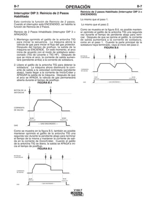 B-7                                                       OPERACIÓN                                                               B-7
                                                                     Reinicio de 2 pasos Habilitado (Interruptor DIP 3 =
Interruptor DIP 3: Reinicio de 2 Pasos                               ENCENDIDO)
Habilitado
                                                                     Lo mismo que el paso 1.
Esto controla la función de Reinicio de 2 pasos.
Cuando el interruptor está ENCENDIDO, se habilita la                  Lo mismo que el paso 2.
función de Reinicia de 2 Pasos.
                                                                     Como se muestra en la figura B.6, es posible manten-
Reinicio de 2 Pasos Inhabilitado (Interruptor DIP 3 =                er oprimido el gatillo de la antorcha TIG una segunda
APAGADO)                                                             vez durante el tiempo de pendiente abajo para reini-
                                                                     ciar. Después de que se oprime el gatillo, la corriente
1. Mantenga oprimido el gatillo de la antorcha TIG                   de salida aumentará a la corriente de soldadura,
   para iniciar la secuencia. La máquina abrirá la                   como en el paso 1. Cuando la parte principal de la
   válvula de gas para iniciar el flujo del gas protector.           soldadura haya terminado, vaya al inicio del paso 2.
   Después del tiempo de preflujo, la salida de la                                         FIGURA B.6
   máquina se ENCIENDE. En este momento, el arco
   inicia de acuerdo con el modo de soldadura selec-
   cionado (TIG de Levante o TIG HF). Después de                     BOTÓN DE
   que se inicia el arco, la corriente de salida aumen-              LA ANTORCHA

   tará (pendiente arriba) a la corriente de soldadura.

2. Libere el gatillo de la antorcha TIG para detener la
   soldadura. La máquina ahora disminuirá la corri-
                                                                      CORRIENTE
   ente de salida a la velocidad controlada (pendiente                DE SALIDA
   abajo), hasta llegar a la corriente de Inicio/Cráter y
   APAGAR la salida de la máquina. Después de que
   el arco se APAGA, la válvula de gas permanecerá                                 PREFLUJO                           POSTFLUJO

   abierta durante el tiempo de postflujo.
                                                                                              --- GAS ENCENDIDO ---
                       FIGURA B.4                                         GAS




BOTÓN DE LA
ANTORCHA




CORRIENTE
DE SALIDA




               PREFLUJO                             POSTFLUJO


                          --- GAS ENCENDIDO ---
GAS


Como se muestra en la figura B.5, también es posible
mantener oprimido el gatillo de la antorcha TIG una
segunda vez durante la pendiente abajo para terminar
el tiempo de la misma y mantener la corriente de sali-
da en la corriente de Inicio/Cráter. Cuando el gatillo
de la antorcha TIG se libera, la salida se APAGA e ini-
cia el tiempo de postflujo.
                     FIGURA B.5

BOTÓN DE
LA ANTORCHA




   CORRIENTE
   DE SALIDA




               PREFLUJO
                                                     POSTFLUJO

                            --- GAS ENCENDIDO ---
   GAS



                                                                 V160-T
 
