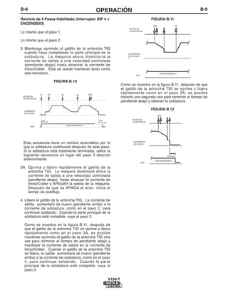 B-9                                                                  OPERACIÓN                                                                   B-9

Reinicio de 4 Pasos Habilitado (Interruptor DIP 4 =                                                              FIGURA B.11
ENCENDIDO)                                                                                                                                (4)
                                                                                                                  (3A)
                                                                                                BOTÓN DE
                                                                                                 TORCH
                                                                                                LA ANTORCHA
Lo mismo que el paso 1.                                                                         BUTTON

Lo mismo que el paso 2.

3. Mantenga oprimido el gatillo de la antorcha TIG
   cuando haya completado la parte principal de la                                             OUTPUT
                                                                                                CORRIENTE
   soldadura. La máquina ahora disminuirá la                                                    DE SALIDA
                                                                                               CURRENT
   corriente de salida a una velocidad controlada
   (pendiente abajo) hasta alcanzar la corriente de
   Inicio/Cráter. Ésta se puede mantener tanto como
   sea necesario.                                                                                    GAS
                                                                                                                         --- GAS ENCENDIDO ---
                                                                                                                              ––GAS ON––
                                                                                                    GAS
                             FIGURA B.10
                                                                                           Como se muestra en la figura B.11, después de que
                                                                                           el gatillo de la antorcha TIG se oprime y libera
               (1)     (2)      (3)               (4)         (3A)
                                                                                           rápidamente como en el paso 3A, es posible
 BOTÓN DE
   TORCH
 LA ANTORCHA
                                                                                           hacerlo una segunda vez para terminar el tiempo de
   BUTTON                                                                                  pendiente abajo y detener la soldadura.

                                                                                                                 FIGURA B.12
  OUTPUT
  CORRIENTE
  DE SALIDA
  CURRENT                                                                                                                (3A)

                                                                                                    TORCH
                                                                                                  BOTÓN DE
                PREFLUJO
               POST-FLOW                                                                          LA ANTORCHA
                                                                      POSTFLUJO
                                                                     POST-FLOW
                                                                                                    BUTTON
                                      --- GAS ENCENDIDO ---
                                          ––GAS ON––
       GAS
       GAS




 Esta secuencia tiene un reinicio automático por lo                                                OUTPUT
                                                                                                   CORRIENTE
                                                                                                   DE SALIDA
                                                                                                   CURRENT
 que la soldadura continuará después de este paso.
 Si la soldadura está totalmente terminada, utilice la
 siguiente secuencia en lugar del paso 3 descrito                                                                                POST-FLOW
                                                                                                                                 POSTFLUJO

 anteriormente.                                                                                                         ––GAS ON––
                                                                                                                  --- GAS ENCENDIDO ---
                                                                                                           GAS
                                                                                                           GAS
3A. Oprima y libere rápidamente el gatillo de la
    antorcha TIG. La máquina disminuirá ahora la
    corriente de salida a una velocidad controlada
    (pendiente abajo), hasta alcanzar la corriente de
    Inicio/Cráter y APAGAR la salida de la máquina.
    Después de que se APAGA el arco, inicia el
    tiempo de postflujo.

4. Libere el gatillo de la antorcha TIG. La corriente de
   salida aumentará de nuevo (pendiente arriba) a la
   corriente de soldadura, como en el paso 2, para
   continuar soldando. Cuando la parte principal de la
   soldadura esté completa, vaya al paso 3.

  Como se muestra en la figura B.11, después de
  que el gatillo de la antorcha TIG se oprime y libera
  rápidamente como en el paso 3A, es posible
  mantener oprimido el gatillo de la antorcha TIG otra
  vez para terminar el tiempo de pendiente abajo y
  mantener la corriente de salida en la corriente de
  Inicio/Cráter. Cuando el gatillo de la antorcha TIG
  se libera, la salida aumentará de nuevo (pendiente
  arriba) a la corriente de soldadura, como en el paso
  4, para continuar soldando. Cuando la parte
  principal de la soldadura esté completa, vaya al
  paso 3.

                                                                                  V160-T
 