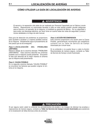 E-1                            LOCALIZACIÓN DE AVERÍAS                                                        E-1


            CÓMO UTILIZAR LA GUÍA DE LOCALIZACIÓN DE AVERÍAS




                                                   ADVERTENCIA
      El servicio y la reparación sólo debe de ser realizado por Personal Capacitado por la Fábrica Lincoln
      Electric. Reparaciones no autorizadas llevadas a cabo en este equipo pueden resultar peligrosas
      para el técnico y el operador de la máquina, e invalidará su garantía de fábrica. Por su seguridad y
      para evitar una descarga eléctrica, por favor tome en cuenta todas las notas de seguridad y precau-
      ciones detalladas a lo largo de este manual.
          __________________________________________________________________________
Esta guía de detección de problemas se proporciona       Paso 3.ACCIÓN RECOMENDADA
para ayudarle a localizar y a reparar posibles averías   Esta columna proporciona una acción para la Causa
de la máquina. Simplemente siga el procedimiento de      Posible, generalmente recomienda que establezca
tres pasos que se da enseguida.                          contacto con su Taller de Servicio de Campo
                                                         Autorizado por Lincoln local.
Paso 1.LOCALIZACIÓN           DEL     PROBLEMA
(SÍNTOMA).                                               Si no entiende o no puede llevar a cabo la Acción
Observe debajo de la columna llamada “PROBLEMA           Recomendada de manera segura, contacte su Taller
(SÍNTOMAS)”. Esta columna describe los síntomas          de Servicio de Campo Lincoln Autorizado
posibles que la máquina pueda presentar. Encuentre
la lista que describa de la mejor manera el síntoma
que la máquina está presentando.

Paso 2. CAUSA POSIBLE.
En la segunda columna llamada “CAUSA POSIBLE”
se enumeran los factores que pueden originar el sín-
toma en la máquina.




                                                   PRECAUCIÓN
Si por alguna razón usted no entiende los procedimientos de prueba o es incapaz de efectuar las pruebas y
reparaciones de manera segura, contacte su Taller de Servicio de Campo Lincoln Autorizado para asistencia
en la localización de fallas técnicas antes de proceder.




                                                    V160-T
 
