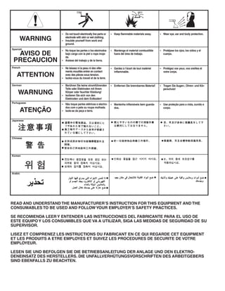 • Do not touch electrically live parts or   • Keep flammable materials away.        • Wear eye, ear and body protection.

     WARNING            electrode with skin or wet clothing.
                      • Insulate yourself from work and
                        ground.
Spanish
                      • No toque las partes o los electrodos      • Mantenga el material combustible      • Protéjase los ojos, los oídos y el
  AVISO DE              bajo carga con la piel o ropa moja-
                        da.
                                                                    fuera del área de trabajo.              cuerpo.

 PRECAUCION           • Aislese del trabajo y de la tierra.

French                • Ne laissez ni la peau ni des vête-        • Gardez à l’écart de tout matériel     • Protégez vos yeux, vos oreilles et
                        ments mouillés entrer en contact            inflammable.                            votre corps.
   ATTENTION            avec des pièces sous tension.
                      • Isolez-vous du travail et de la terre.

German                • Berühren Sie keine stromführenden         • Entfernen Sie brennbarres Material!   • Tragen Sie Augen-, Ohren- und Kör-
                        Teile oder Elektroden mit Ihrem                                                     perschutz!
    WARNUNG             Körper oder feuchter Kleidung!
                      • Isolieren Sie sich von den
                        Elektroden und dem Erdboden!
Portuguese
                      • Não toque partes elétricas e electro-     • Mantenha inflamáveis bem guarda-      • Use proteção para a vista, ouvido e
                        dos com a pele ou roupa molhada.            dos.                                    corpo.
     ATENÇÃO          • Isole-se da peça e terra.


Japanese




Chinese




Korean




Arabic




READ AND UNDERSTAND THE MANUFACTURER’S INSTRUCTION FOR THIS EQUIPMENT AND THE
CONSUMABLES TO BE USED AND FOLLOW YOUR EMPLOYER’S SAFETY PRACTICES.

SE RECOMIENDA LEER Y ENTENDER LAS INSTRUCCIONES DEL FABRICANTE PARA EL USO DE
ESTE EQUIPO Y LOS CONSUMIBLES QUE VA A UTILIZAR, SIGA LAS MEDIDAS DE SEGURIDAD DE SU
SUPERVISOR.

LISEZ ET COMPRENEZ LES INSTRUCTIONS DU FABRICANT EN CE QUI REGARDE CET EQUIPMENT
ET LES PRODUITS A ETRE EMPLOYES ET SUIVEZ LES PROCEDURES DE SECURITE DE VOTRE
EMPLOYEUR.

LESEN SIE UND BEFOLGEN SIE DIE BETRIEBSANLEITUNG DER ANLAGE UND DEN ELEKTRO-
DENEINSATZ DES HERSTELLERS. DIE UNFALLVERHÜTUNGSVORSCHRIFTEN DES ARBEITGEBERS
SIND EBENFALLS ZU BEACHTEN.
 