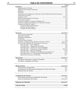 vi                                             TABLA DE CONTENIDOS                                                                                        vi
                                                                                                                                                 Página
       Instalación ......................................................................................................................Sección A
           Especificaciones Técnicas ...................................................................................................A-1
           Selección de la Ubicación Adecuada ...................................................................................A-2
           Estibación .............................................................................................................................A-2
           Inclinación ............................................................................................................................A-2
           Aterrizamiento de la Máquina y Protección Contra Interferencia de Alta Frecuencia ..........A-2
           Conexiones de Entrada ........................................................................................................A-3
           Conexión a Tierra ..........................................................................................................A-3,A-4
           ARFU (Fusible automático del restore) ................................................................................A-4
           Conexiones de Salida ..........................................................................................................A-5
           Conexión de Salida y de Gas para Soldadura Tig ...............................................................A-5
           Conexión de Salida para Soldadura con Electrodo Revestido.............................................A-5
           Conexión del Cable de Trabajo ............................................................................................A-5
                Enchufe de Desconexión Rápida ..................................................................................A-6
                Conexión de Gas Protector ...........................................................................................A-6
                Conexión de Control Remoto ........................................................................................A-6
     ________________________________________________________________________________

       Operación .......................................................................................................................Sección B
          Instrucciones de Seguridad ..................................................................................................B-1
          Descripción General .............................................................................................................B-1
          Capacidad de Soldadura ......................................................................................................B-1
          Limitaciones .........................................................................................................................B-1
          Panel de Control Posterior ...................................................................................................B-2
          Controles y Configuraciones, Secuencia Tig de 2 y 4 Pasos .....................................B-2 a B-5
          Funciones del Interruptor DIP (Información de Servicio) ..........................................B-6 a B-11
               Interruptor DIP 1: Tipo de Máquina ..............................................................................B-6
               Interruptor DIP 2: Temporizador de Preflujo.................................................................B-6
               Interruptor DIP 3: 2 Reinicio de 2 Pasos Habilitado .....................................................B-7
               Interruptor DIP 4: 2 Reinicio de 4 Pasos Habilitado .............................................B-8, B-9
               Interruptor DIP 5: Bajo OCV Habilitado......................................................................B-10
               Interruptor DIP 6: Configuración de Máquinas Europeas/E.U.A. ...............................B-10
               Interruptores DIP 7 y 8: Temporizador de Pendiente Arriba .......................................B-11
               Ajuste de la Corriente de Inicio/Cráter.........................................................................B-11
     ________________________________________________________________________________
       Accesorios .......................................................................................................Sección C
          Accesorios Opcionales y Equipo Compatible........................................................C-1
          De Fábrica, Instalados de Campo .........................................................................C-1
     ________________________________________________________________________

       Mantenimiento .................................................................................................Sección D
          Precauciones de Seguridad ..................................................................................D-1
          Procedimiento de Descarga del Capacitor del Filtro de Entrada...........................D-1
          Mantenimiento de Rutina.......................................................................................D-1
     ________________________________________________________________________

       Localización de Averías ..................................................................................Sección E
           Cómo Utilizar la Guía de Localización de Averías.................................................E-1
           Guía de Localización de Averías..................................................................E-2 a E-4
     ________________________________________________________________________
       Diagrama de Cableado ....................................................................................Sección F
     ________________________________________________________________________
       Lista de Partes........................................................................................................P-403
     ________________________________________________________________________
 