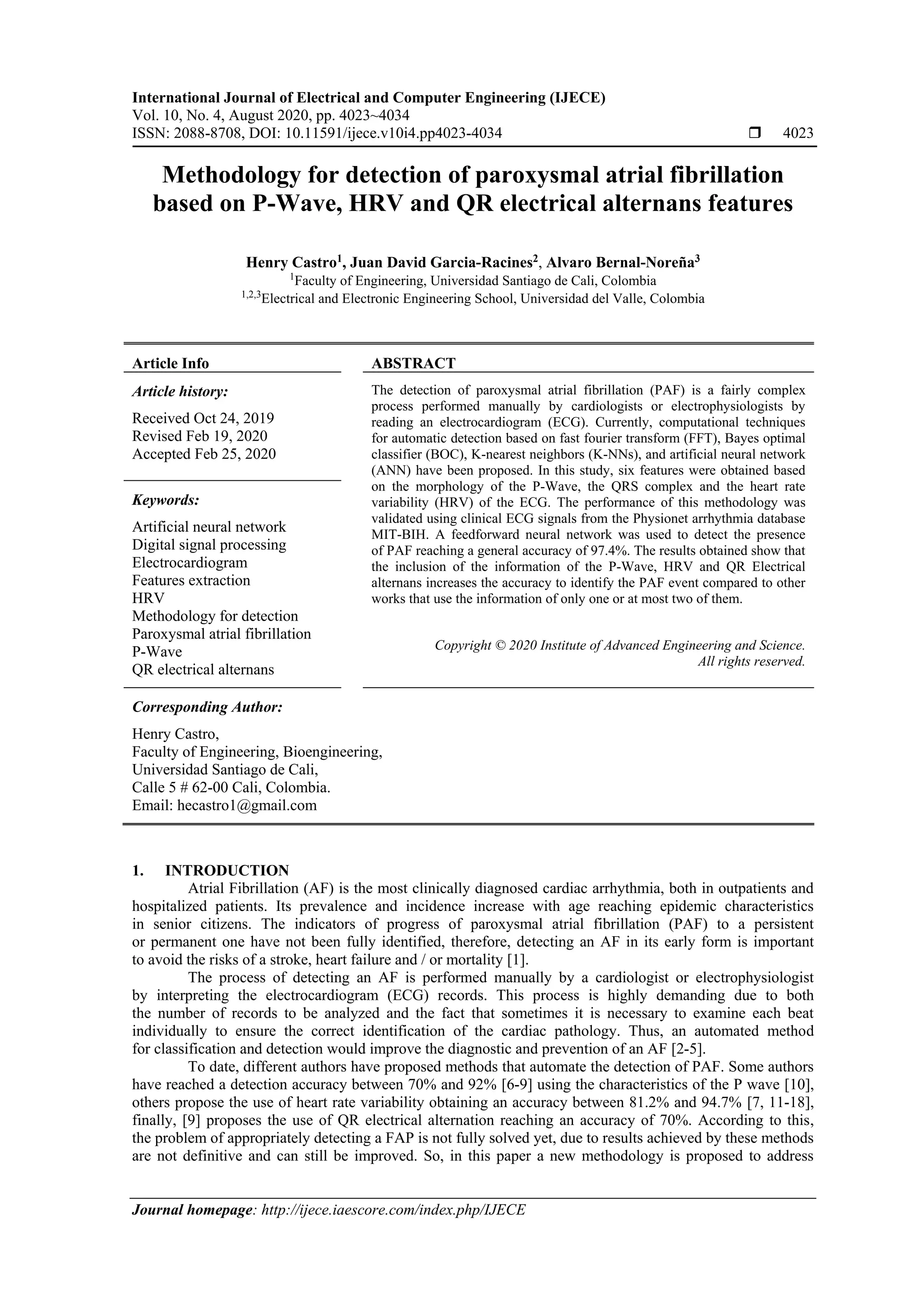 Methodology for detection of paroxysmal atrial fibrillation based on P ...