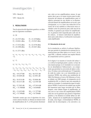 / 
Para el diseño de esta red, se parte de cuatro mó-
dulos los cuales se explicaran a continuación: el
primer modulo es la prueba de viabilidad, que de-
termina si la red es viable para optimizar el núme-
UR GH DPSOL¿FDGRUHV HQ OD UHG  VX XELFDFLyQ HQ
HVWD 3DUD HVWR XWLOL]D OD HFXDFLyQ  