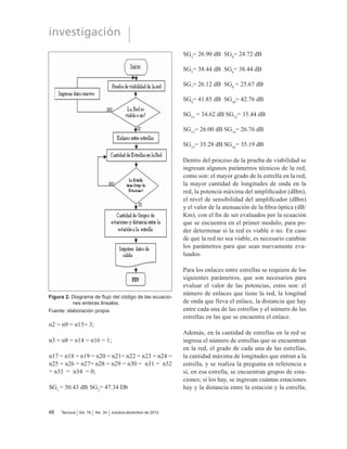 DFRSODGRUHV ySWLFRV WLSR
HVWUHOOD SDVLYRV DPSOL¿FDGRUHV ySWLFRV ¿OWURV
ópticos, multiplexores y demultiplexores ópti-
cos, además de las limitaciones en potencia de
cada uno de ellos [2]. Para reducir el efecto de
atenuación de la señal, conforme esta se propaga
HQ OD UHG VH HPSOHD DPSOL¿FDFLyQ GH QDWXUDOH]D
HOpFWULFD R ySWLFD VLQ HPEDUJR OD DPSOL¿FDFLyQ
eléctrica hace que el sistema pierda velocidad de
transmisión ya que es necesario convertir la se-
ñal de naturaleza óptica a eléctrica, para poderla
DPSOL¿FDU  SRVWHULRUPHQWH OOHYDUOD DO GRPLQLR
óptico. Para evitar esta problemática se han de-
VDUUROODGR DPSOL¿FDGRUHV ySWLFRV WLSR 5$0-
MAN, EDFA y SOA, la desventaja de emplear
estos dispositivos es que, comercialmente, son
costosos, de esta manera el diseño de redes ópti-
FDV VH FRQYLHUWH HQ XQ SUREOHPD GHVD¿DQWH GHEL-
do a que se debe garantizar determinado nivel de
potencia en cada uno de los enlaces, empleando
OD PtQLPD FDQWLGDG GH DPSOL¿FDGRUHV ySWLFRV
de esta forma se asegura que la señal llegará a
cada uno de los receptores con los niveles míni-
mos de potencia para que estos la puedan detec-
WDU FRKHUHQWHPHQWH @
Este articulo muestra la metodología de diseño
de redes de área metropolitana empleando la téc-
nica DWDM y optimizando el número de ampli-
¿FDGRUHV ySWLFRV UHTXHULGRV HQ OD UHG PHGLDQWH
el uso de algoritmos genéticos
* * *
 