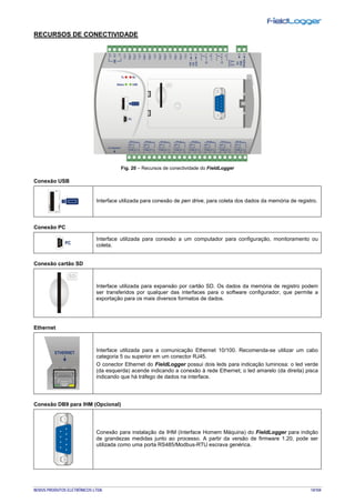 NOVUS PRODUTOS ELETRÔNICOS LTDA. 14/104
RECURSOS DE CONECTIVIDADE
Fig. 20 – Recursos de conectividade do FieldLogger
Conexão USB
Interface utilizada para conexão de pen drive, para coleta dos dados da memória de registro.
Conexão PC
Interface utilizada para conexão a um computador para configuração, monitoramento ou
coleta.
Conexão cartão SD
Interface utilizada para expansão por cartão SD. Os dados da memória de registro podem
ser transferidos por qualquer das interfaces para o software configurador, que permite a
exportação para os mais diversos formatos de dados.
Ethernet
Interface utilizada para a comunicação Ethernet 10/100. Recomenda-se utilizar um cabo
categoria 5 ou superior em um conector RJ45.
O conector Ethernet do FieldLogger possui dois leds para indicação luminosa: o led verde
(da esquerda) acende indicando a conexão à rede Ethernet; o led amarelo (da direita) pisca
indicando que há tráfego de dados na interface.
Conexão DB9 para IHM (Opcional)
Conexão para instalação da IHM (Interface Homem Máquina) do FieldLogger para indição
de grandezas medidas junto ao processo. A partir da versão de firmware 1.20, pode ser
utilizada como uma porta RS485/Modbus-RTU escrava genérica.
 