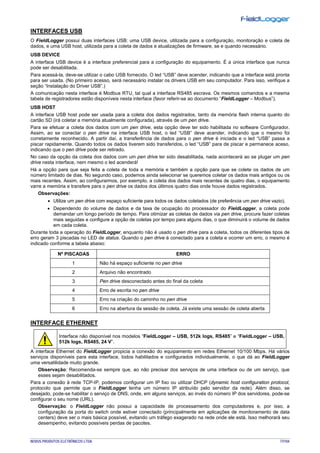 NOVUS PRODUTOS ELETRÔNICOS LTDA. 77/104
INTERFACES USB
O FieldLogger possui duas interfaces USB: uma USB device, utilizada para a configuração, monitoração e coleta de
dados, e uma USB host, utilizada para a coleta de dados e atualizações de firmware, se e quando necessário.
USB DEVICE
A interface USB device é a interface preferencial para a configuração do equipamento. É a única interface que nunca
pode ser desabilitada.
Para acessá-la, deve-se utilizar o cabo USB fornecido. O led “USB” deve acender, indicando que a interface está pronta
para ser usada. (No primeiro acesso, será necessário instalar os drivers USB em seu computador. Para isso, verifique a
seção “Instalação do Driver USB”.)
A comunicação nesta interface é Modbus RTU, tal qual a interface RS485 escrava. Os mesmos comandos e a mesma
tabela de registradores estão disponíveis nesta interface (favor referir-se ao documento “FieldLogger – Modbus”).
USB HOST
A interface USB host pode ser usada para a coleta dos dados registrados, tanto da memória flash interna quanto do
cartão SD (irá coletar a memória atualmente configurada), através de um pen drive.
Para se efetuar a coleta dos dados com um pen drive, esta opção deve ter sido habilitada no software Configurador.
Assim, ao se conectar o pen drive na interface USB host, o led “USB” deve acender, indicando que o mesmo foi
corretamente reconhecido. A partir daí, a transferência de dados para o pen drive é iniciada e o led “USB” passa a
piscar rapidamente. Quando todos os dados tiverem sido transferidos, o led “USB” para de piscar e permanece aceso,
indicando que o pen drive pode ser retirado.
No caso da opção da coleta dos dados com um pen drive ter sido desabilitada, nada acontecerá ao se plugar um pen
drive nesta interface, nem mesmo o led acenderá!
Há a opção para que seja feita a coleta de toda a memória e também a opção para que se colete os dados de um
número limitado de dias. No segundo caso, podemos ainda selecionar se queremos coletar os dados mais antigos ou os
mais recentes. Assim, ao configurarmos, por exemplo, a coleta dos dados mais recentes de quatro dias, o equipamento
varre a memória e transfere para o pen drive os dados dos últimos quatro dias onde houve dados registrados.
Observações:
• Utilize um pen drive com espaço suficiente para todos os dados coletados (de preferência um pen drive vazio).
• Dependendo do volume de dados e da taxa de ocupação do processador do FieldLogger, a coleta pode
demandar um longo período de tempo. Para otimizar as coletas de dados via pen drive, procure fazer coletas
mais seguidas e configure a opção de coletas por tempo para alguns dias, o que diminuirá o volume de dados
em cada coleta.
Durante toda a operação do FieldLogger, enquanto não é usado o pen drive para a coleta, todos os diferentes tipos de
erro geram 3 piscadas no LED de status. Quando o pen drive é conectado para a coleta e ocorrer um erro, o mesmo é
indicado conforme a tabela abaixo:
Nº PISCADAS ERRO
1 Não há espaço suficiente no pen drive
2 Arquivo não encontrado
3 Pen drive desconectado antes do final da coleta
4 Erro de escrita no pen drive
5 Erro na criação do caminho no pen drive
6 Erro na abertura da sessão de coleta. Já existe uma sessão de coleta aberta
INTERFACE ETHERNET
Interface não disponível nos modelos “FieldLogger – USB, 512k logs, RS485” e “FieldLogger – USB,
512k logs, RS485, 24 V”.
A interface Ethernet do FieldLogger propicia a conexão do equipamento em redes Ethernet 10/100 Mbps. Há vários
serviços disponíveis para esta interface, todos habilitados e configurados individualmente, o que dá ao FieldLogger
uma versatilidade muito grande.
Observação: Recomenda-se sempre que, ao não precisar dos serviços de uma interface ou de um serviço, que
esses sejam desabilitados.
Para a conexão à rede TCP-IP, podemos configurar um IP fixo ou utilizar DHCP (dynamic host configuration protocol,
protocolo que permite que o FieldLogger tenha um número IP atribuído pelo servidor da rede). Além disso, se
desejado, pode-se habilitar o serviço de DNS, onde, em alguns serviços, ao invés do número IP dos servidores, pode-se
configurar o seu nome (URL).
Observação: o FieldLogger não possui a capacidade de processamento dos computadores e, por isso, a
configuração da porta do switch onde estiver conectado (principalmente em aplicações de monitoramento de data
centers) deve ser o mais básica possível, evitando um tráfego exagerado na rede onde ele está. Isso melhorará seu
desempenho, evitando possíveis perdas de pacotes.
 