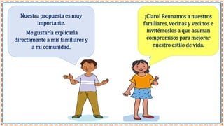 Nuestra propuesta es muy
importante.
Me gustaría explicarla
directamente a mis familiares y
a mi comunidad.
¡Claro! Reunamos a nuestros
familiares, vecinas y vecinos e
invitémoslos a que asuman
compromisos para mejorar
nuestro estilo de vida.
 