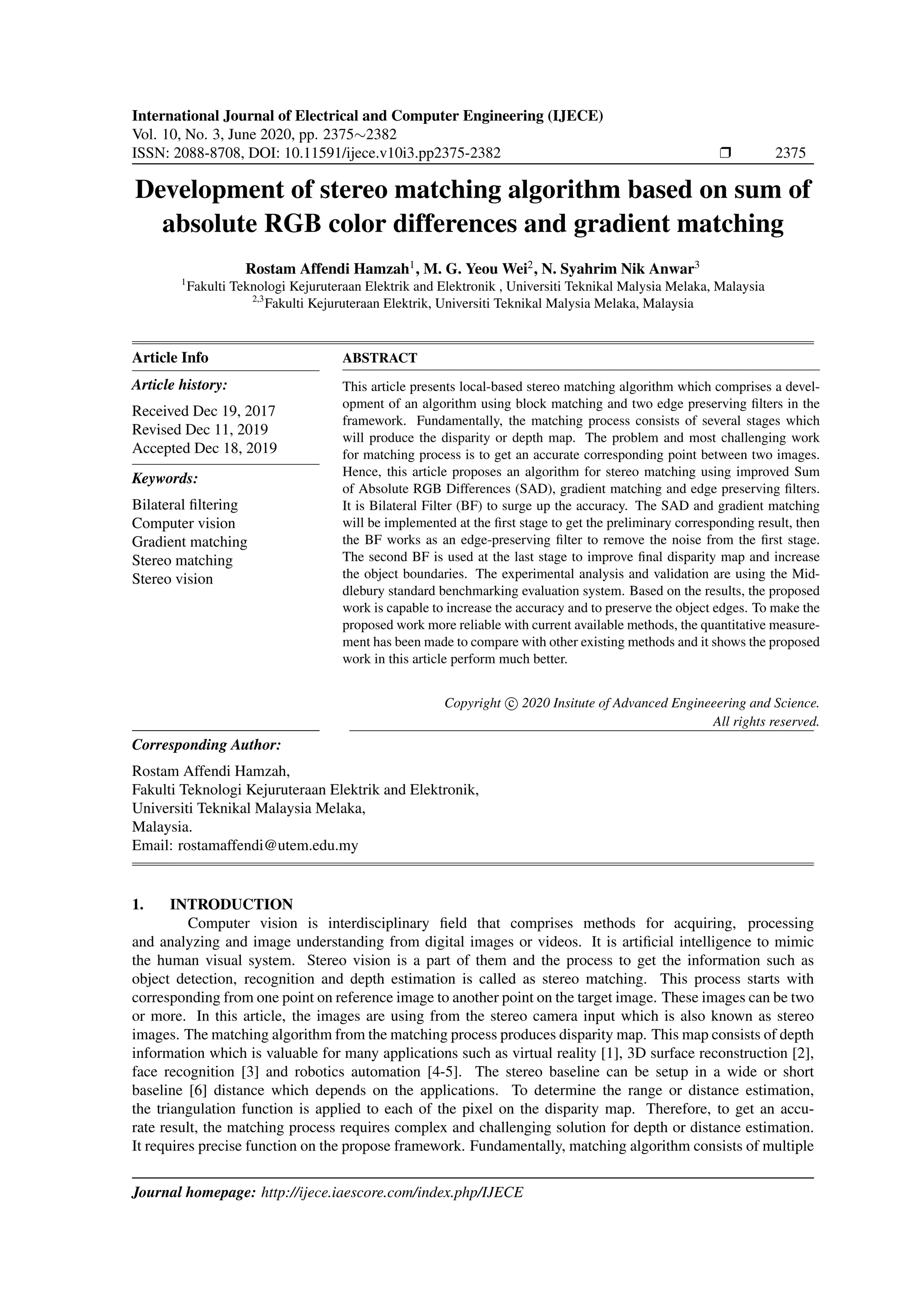 Development of stereo matching algorithm based on sum of absolute RGB ...