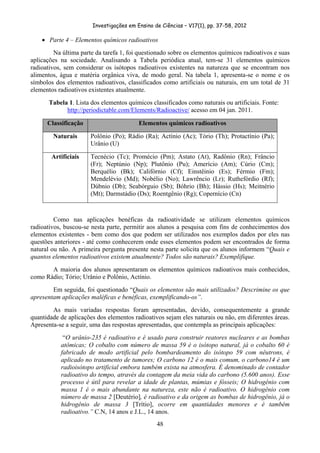 Investigações em Ensino de Ciências – V17(1), pp. 37-58, 2012 

    • Parte 4 – Elementos químicos radioativos
         Na última parte da tarefa 1, foi questionado sobre os elementos químicos radioativos e suas
aplicações na sociedade. Analisando a Tabela periódica atual, tem-se 31 elementos químicos
radioativos, sem considerar os isótopos radioativos existentes na natureza que se encontram nos
alimentos, água e matéria orgânica viva, de modo geral. Na tabela 1, apresenta-se o nome e os
símbolos dos elementos radioativos, classificados como artificiais ou naturais, em um total de 31
elementos radioativos existentes atualmente.
       Tabela 1. Lista dos elementos químicos classificados como naturais ou artificiais. Fonte:
             http://periodictable.com/Elements/Radioactive/ acesso em 04 jan. 2011.

      Classificação                      Elementos químicos radioativos

        Naturais       Polônio (Po); Rádio (Ra); Actínio (Ac); Tório (Th); Protactínio (Pa);
                       Urânio (U)

        Artificiais    Tecnécio (Tc); Promécio (Pm); Astato (At), Radônio (Rn); Frâncio
                       (Fr); Neptúnio (Np); Plutônio (Pu); Amerício (Am); Cúrio (Cm);
                       Berquélio (Bk); Califórnio (Cf); Einstêinio (Es); Férmio (Fm);
                       Mendelévio (Md); Nobélio (No); Lawrêncio (Lr); Ruthefórdio (Rf);
                       Dúbnio (Db); Seabórguio (Sb); Bóhrio (Bh); Hássio (Hs); Meitnério
                       (Mt); Darmstádio (Ds); Roentgênio (Rg); Copernício (Cn)



         Como nas aplicações benéficas da radioatividade se utilizam elementos químicos
radioativos, buscou-se nesta parte, permitir aos alunos a pesquisa com fins de conhecimentos dos
elementos existentes - bem como dos que podem ser utilizados nos exemplos dados por eles nas
questões anteriores - até como conhecerem onde esses elementos podem ser encontrados de forma
natural ou não. A primeira pergunta presente nesta parte solicita que os alunos informem “Quais e
quantos elementos radioativos existem atualmente? Todos são naturais? Exemplifique.
       A maioria dos alunos apresentaram os elementos químicos radioativos mais conhecidos,
como Rádio; Tório; Urânio e Polônio, Actínio.
        Em seguida, foi questionado “Quais os elementos são mais utilizados? Descrimine os que
apresentam aplicações maléficas e benéficas, exemplificando-os”.
        As mais variadas respostas foram apresentadas, devido, consequentemente a grande
quantidade de aplicações dos elementos radioativos sejam eles naturais ou não, em diferentes áreas.
Apresenta-se a seguir, uma das respostas apresentadas, que contempla as principais aplicações:
            “O urânio-235 é radioativo e é usado para construir reatores nucleares e as bombas
           atômicas; O cobalto com número de massa 59 é o isótopo natural, já o cobalto 60 é
           fabricado de modo artificial pelo bombardeamento do isótopo 59 com nêutrons, é
           aplicado no tratamento de tumores; O carbono 12 é o mais comum, o carbono14 é um
           radioisótopo artificial embora também exista na atmosfera. É denominado de contador
           radioativo do tempo, através da contagem da meia vida do carbono (5.600 anos). Esse
           processo é útil para revelar a idade de plantas, múmias e fósseis; O hidrogênio com
           massa 1 é o mais abundante na natureza, este não é radioativo. O hidrogênio com
           número de massa 2 [Deutério], é radioativo e da origem as bombas de hidrogênio, já o
           hidrogênio de massa 3 [Trítio], ocorre em quantidades menores e é também
           radioativo.” C.N, 14 anos e J.L., 14 anos.
                                                48
 
