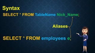 Syntax
SELECT * FROM TableName Nick_Name;
Aliases
SELECT * FROM employees e;
 