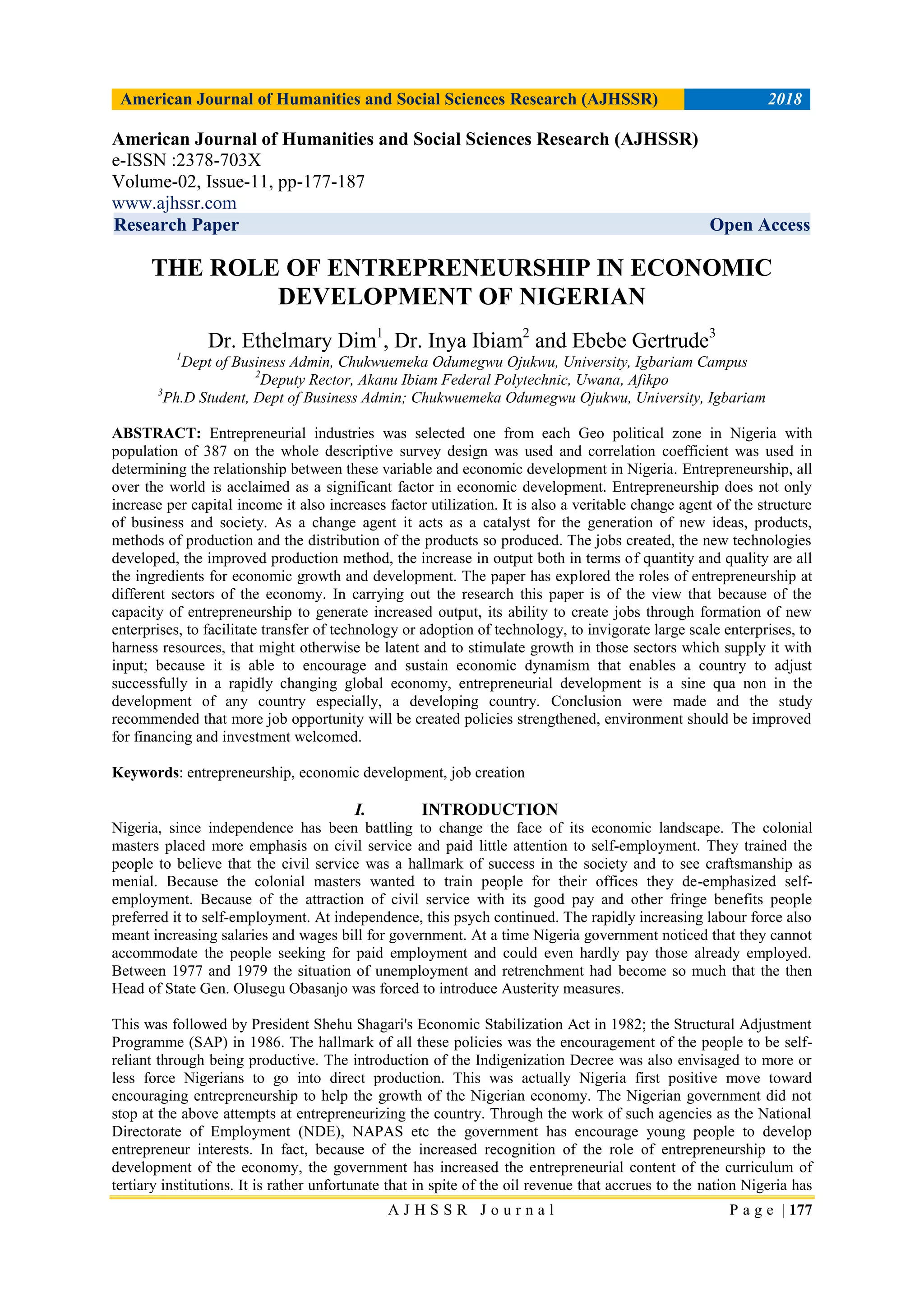 THE ROLE OF ENTREPRENEURSHIP IN ECONOMIC DEVELOPMENT OF NIGERIAN | PDF