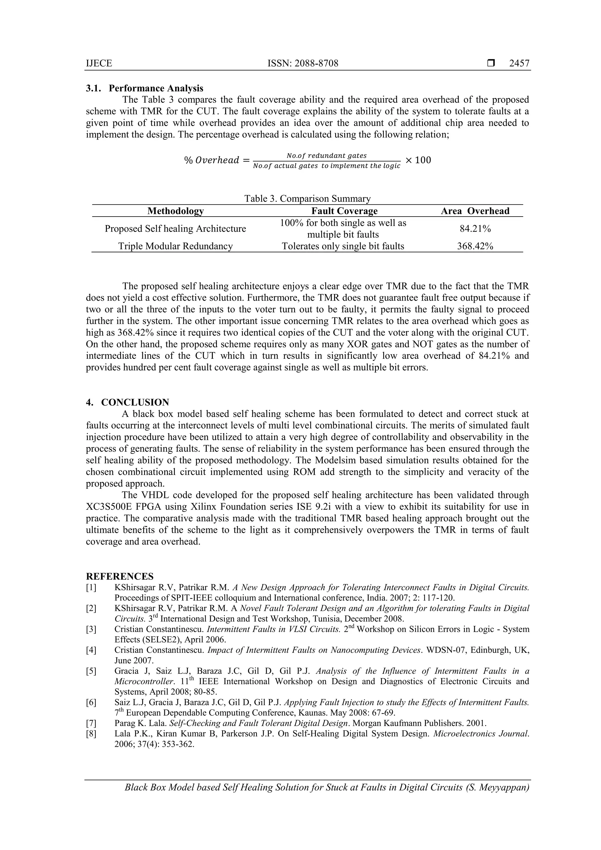 IJECE ISSN: 2088-8708 
Black Box Model based Self Healing Solution for Stuck at Faults in Digital Circuits (S. Meyyappan)
2457
3.1. Performance Analysis
The Table 3 compares the fault coverage ability and the required area overhead of the proposed
scheme with TMR for the CUT. The fault coverage explains the ability of the system to tolerate faults at a
given point of time while overhead provides an idea over the amount of additional chip area needed to
implement the design. The percentage overhead is calculated using the following relation;
% 𝑂𝑣𝑒𝑟ℎ𝑒𝑎𝑑 =
𝑁𝑜.𝑜𝑓 𝑟𝑒𝑑𝑢𝑛𝑑𝑎𝑛𝑡 𝑔𝑎𝑡𝑒𝑠
𝑁𝑜.𝑜𝑓 𝑎𝑐𝑡𝑢𝑎𝑙 𝑔𝑎𝑡𝑒𝑠 𝑡𝑜 𝑖𝑚𝑝𝑙𝑒𝑚𝑒𝑛𝑡 𝑡ℎ𝑒 𝑙𝑜𝑔𝑖𝑐
× 100
Table 3. Comparison Summary
Methodology Fault Coverage Area Overhead
Proposed Self healing Architecture
100% for both single as well as
multiple bit faults
84.21%
Triple Modular Redundancy Tolerates only single bit faults 368.42%
The proposed self healing architecture enjoys a clear edge over TMR due to the fact that the TMR
does not yield a cost effective solution. Furthermore, the TMR does not guarantee fault free output because if
two or all the three of the inputs to the voter turn out to be faulty, it permits the faulty signal to proceed
further in the system. The other important issue concerning TMR relates to the area overhead which goes as
high as 368.42% since it requires two identical copies of the CUT and the voter along with the original CUT.
On the other hand, the proposed scheme requires only as many XOR gates and NOT gates as the number of
intermediate lines of the CUT which in turn results in significantly low area overhead of 84.21% and
provides hundred per cent fault coverage against single as well as multiple bit errors.
4. CONCLUSION
A black box model based self healing scheme has been formulated to detect and correct stuck at
faults occurring at the interconnect levels of multi level combinational circuits. The merits of simulated fault
injection procedure have been utilized to attain a very high degree of controllability and observability in the
process of generating faults. The sense of reliability in the system performance has been ensured through the
self healing ability of the proposed methodology. The Modelsim based simulation results obtained for the
chosen combinational circuit implemented using ROM add strength to the simplicity and veracity of the
proposed approach.
The VHDL code developed for the proposed self healing architecture has been validated through
XC3S500E FPGA using Xilinx Foundation series ISE 9.2i with a view to exhibit its suitability for use in
practice. The comparative analysis made with the traditional TMR based healing approach brought out the
ultimate benefits of the scheme to the light as it comprehensively overpowers the TMR in terms of fault
coverage and area overhead.
REFERENCES
[1] KShirsagar R.V, Patrikar R.M. A New Design Approach for Tolerating Interconnect Faults in Digital Circuits.
Proceedings of SPIT-IEEE colloquium and International conference, India. 2007; 2: 117-120.
[2] KShirsagar R.V, Patrikar R.M. A Novel Fault Tolerant Design and an Algorithm for tolerating Faults in Digital
Circuits. 3rd
International Design and Test Workshop, Tunisia, December 2008.
[3] Cristian Constantinescu. Intermittent Faults in VLSI Circuits. 2nd
Workshop on Silicon Errors in Logic - System
Effects (SELSE2), April 2006.
[4] Cristian Constantinescu. Impact of Intermittent Faults on Nanocomputing Devices. WDSN-07, Edinburgh, UK,
June 2007.
[5] Gracia J, Saiz L.J, Baraza J.C, Gil D, Gil P.J. Analysis of the Influence of Intermittent Faults in a
Microcontroller. 11th
IEEE International Workshop on Design and Diagnostics of Electronic Circuits and
Systems, April 2008; 80-85.
[6] Saiz L.J, Gracia J, Baraza J.C, Gil D, Gil P.J. Applying Fault Injection to study the Effects of Intermittent Faults.
7th
European Dependable Computing Conference, Kaunas. May 2008: 67-69.
[7] Parag K. Lala. Self-Checking and Fault Tolerant Digital Design. Morgan Kaufmann Publishers. 2001.
[8] Lala P.K., Kiran Kumar B, Parkerson J.P. On Self-Healing Digital System Design. Microelectronics Journal.
2006; 37(4): 353-362.
 