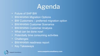 Agenda
• Future of SAP BW
• BW/4HANA Migration Options
• BW Customers – preferred migration option
• BW/4HANA Customer Scenarios
• BW/4HANA Customer Analysis
• What can be done now!
• Potentially time consuming activities
• Challenges
• BW/4HANA readiness report
• Key Takeaways
www.seaparkconsultancy.com
 