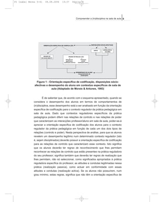 Figura 1 - Orientação específica de codificação, disposições sócio-
afectivas e desempenho do aluno em contextos específicos de sala de
aula (Adaptado de Morais & Antunes, 1993)
É de salientar que, de acordo com o esquema apresentado, quando se
considera o desempenho dos alunos em termos de comportamentos de
(in)disciplina, esse desempenho está a ser analisado em função da orientação
específica de codificação para o contexto regulador da prática pedagógica em
sala de aula. Dado que contextos reguladores específicos da prática
pedagógica podem diferir nas relações de controlo e nas relações de poder
que caracterizam as interacções professor/aluno em sala de aula, poder-se-á
apreciar a orientação específica de codificação dos alunos para o contexto
regulador da prática pedagógica em função de cada um dos dois tipos de
relações (controlo e poder). Nesta perspectiva de análise, para que os alunos
revelem um desempenho legítimo num determinado contexto regulador (isto
é, sejam disciplinados) deverão possuir a orientação específica de codificação
para as relações de controlo que caracterizam esse contexto. Isto significa
que os alunos deverão ter regras de reconhecimento que lhes permitam
reconhecer as relações de controlo que estão presentes na prática reguladora
do seu professor; significa também que deverão ter regras de realização que
lhes permitam, não só seleccionar, como significados apropriados à prática
reguladora específica do professor, as atitudes e condutas legitimadas nessa
prática (realização passiva), como actuar em conformidade com essas
atitudes e condutas (realização activa). Se os alunos não possuírem, num
grau mínimo, estas regras, significa que não têm a orientação específica de
9Compreender a (in)disciplina na sala de aula
REGRAS DE REALIZA ÇÃO
Selecção de Produção
significados textual
(realização passiva) (realização activa)
ORIENTAÇÃO ESPEC ÍFICA DE CODIFICA ÇÃO DISPOSI ÇÕES SÓCIO-AFECTIVAS
REGRAS DE
RECONHECIMENTO
GOSTO ASPIRA ÇÕES E
VALORES
DESEMPENHO DO ALUNO
Comportamentos de
(in)disciplina
05 Isabel Neves 5-41 04.08.2006 14:37 Página 9
 