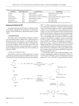Romão, W. et al. - PET: Uma revisão sobre os processos de síntese, mecanismos de degradação e sua reciclagem
124	 Polímeros: Ciência e Tecnologia, vol. 19, nº 2, p. 121-132, 2009
TPA[16,17]
. O TPA é produzido a partir da oxidação do p-xileno
com ácido acético. Entretanto, o rendimento desta reação não
é alto e são formadas impurezas como 4-carboxibenzaldeído
(4-CBA). Como conseqüência, o grupo aldeído presente no
4-CBA, age como um terminador de cadeia na polimerização
do PET, o que dificulta a obtenção do grau de polimerização
(DP = 150) desejável para fabricação de embalagens[18]
. De-
vido às similaridades entre as estruturas do TPA e do 4-CBA,
o processo de separação é complexo. A partir da dissolução
do TPA em água e posterior hidrogenação com um catali-
sador de Pd/C, esse problema foi totalmente contornado[17]
.
Como prova disso, a empresa do Grupo Mossi & Ghisolfi
(M&G), produz PET exclusivamente a partir do processo de
esterificação direta. Líder do mercado Sul-americano de pro-
dução de PET para embalagens e fibras para indústria têxtil,
ela é a empresa que possui a maior quantidade de operações
industriais no Brasil (cinco)[19]
.
A esterificação direta é uma reação heterogênea e auto-
catalítica, dispensando a adição de catalisadores, Figura 2a.
A razão molar do TPA:EG e a faixa de temperatura reacional
usadas são 1:1,5-3 e 240-260 °C, respectivamente. A utiliza-
Processos de Síntese do PET
A produção industrial do PET pode ser realizada em duas
ou três etapas, dependendo de sua aplicação: (I) pré-polime-
rização, (II) policondensação e (III) polimerização no estado
sólido.
Pré-polimerização
Essa etapa consiste na fabricação do oligômero tereftala-
to de bis(2-hidroxietileno), BHET. Nela, o poliéster pode ser
fabricado por duas rotas distintas: a) esterificação direta; e
b) transesterificação. A esterificação direta é obtida pela rea-
ção do ácido tereftálico (TPA) com etileno glicol (EG). Uma
das principais diferenças da transesterificação é a substitui-
ção do monômero ácido tereftálico pelo éster tereftalato de
dimetileno (DMT).
Reação de esterificação direta
Recentemente, o processo esterificação direta vem sendo
o preferido para produção industrial do PET devido ao desen-
volvimento de um novo método de purificação do monômero
Tabela 2. Contaminantes modelo usados no challenge test[15]
.
Compostos Massa molar g.mol-1
Grupo funcional Propriedades
Acetona 58,1 Cetona alifática Volátil, polar, solúvel em água
Tolueno 92,1 Hidrocarbonetos aromáticos Volátil, não polar
Clorobenzeno 112,6 Hidrocarboneto aromático halogenado Volátil, médio polar, muito agressivo ao PET
Fenilciclohexano 160,3 Hidrocarboneto aromático Não-volátil, não polar
Benzofenona 182,2 Cetona aromática Não-volátil, polar
Estearato de metila 298,5 Éster alifático Não-volátil, polar
~ 2n+
~ 2n+
HO CH2
CH2
OH
HO CH2
CH2
OH
a) Reação de esterificação
direta
240-260 °C
170-210 °C
-2n
-2n
COOH
COOH
COOCH3
COOCH3
n
n
TPA
DMT
b) Reação de
transesterificação
H2
O
Catalizadores
CH3
OH
n
COOCH2
CH2
OH
COOCH2
CH2
HO CH2
CH2
OH
BHET (Prepolímero)
c) Reação de
policondensação
280 °C
Catalisadores
O
O
C
O
O
C
CH2
CH2
OH
n = 100
PET
Figura 2. Métodos de preparação do PET.
 