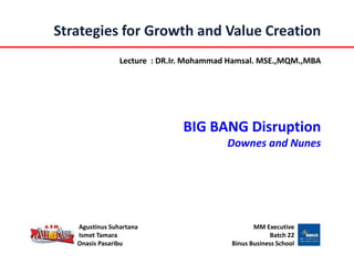 Agustinus Suhartana
Ismet Tamara
Onasis Pasaribu
MM Executive
Batch 22
Binus Business School
Strategies for Growth and Value Creation
Lecture : DR.Ir. Mohammad Hamsal. MSE.,MQM.,MBA
BIG BANG Disruption
Downes and Nunes
 