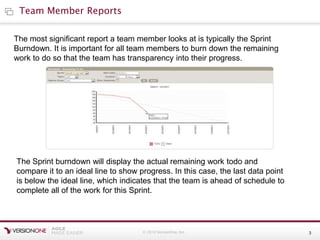© 2010 VersionOne, Inc. 3
Team Member Reports
The most significant report a team member looks at is typically the Sprint
Burndown. It is important for all team members to burn down the remaining
work to do so that the team has transparency into their progress.
The Sprint burndown will display the actual remaining work todo and
compare it to an ideal line to show progress. In this case, the last data point
is below the ideal line, which indicates that the team is ahead of schedule to
complete all of the work for this Sprint.
 