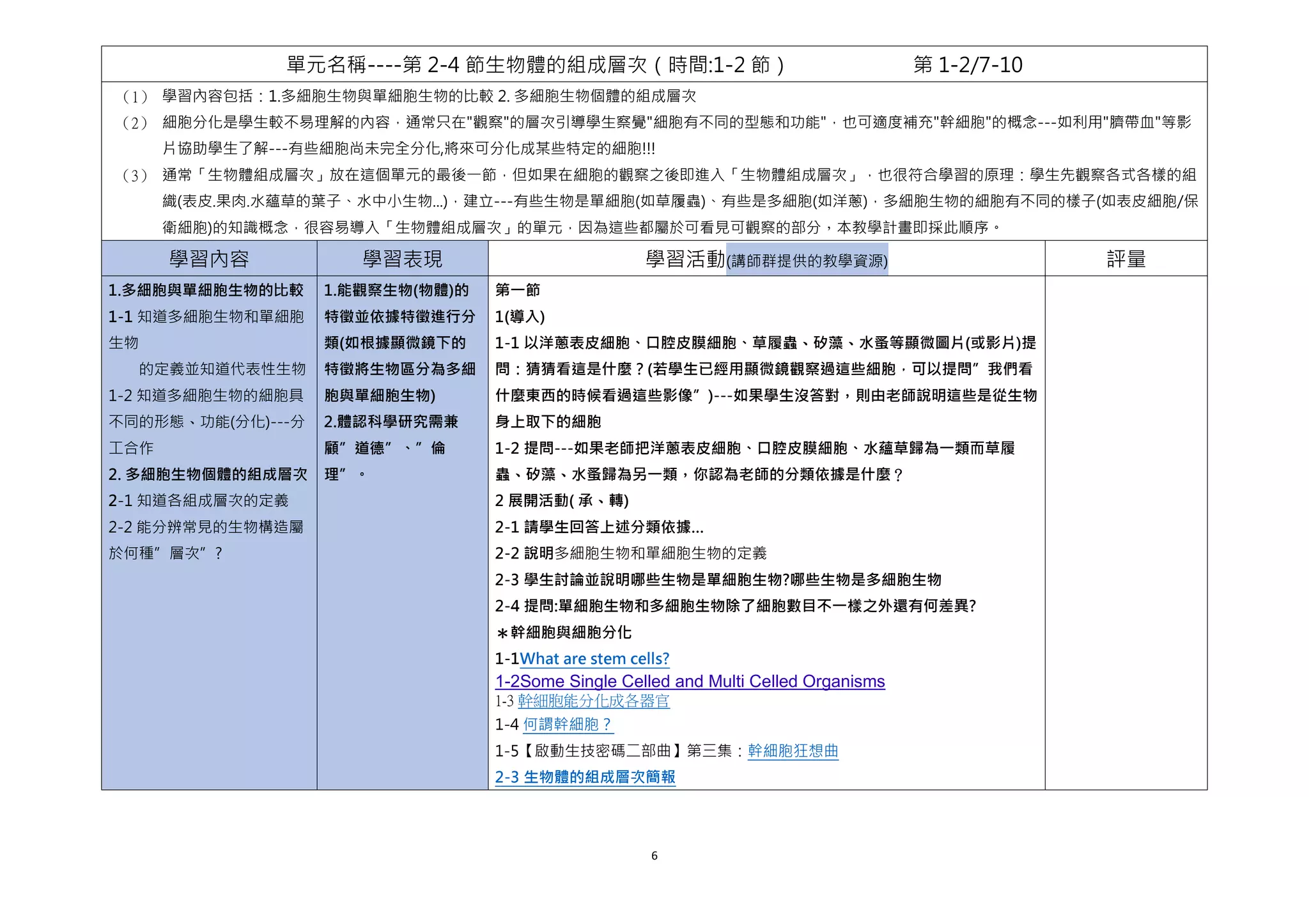 6
單元名稱----第 2-4 節生物體的組成層次（時間:1-2 節） 第 1-2/7-10
（1） 學習內容包括：1.多細胞生物與單細胞生物的比較 2. 多細胞生物個體的組成層次
（2） 細胞分化是學生較不易理解的內容，通常只在"觀察"的層次引導學生察覺"細胞有不同的型態和功能"，也可適度補充"幹細胞"的概念---如利用"臍帶血"等影
片協助學生了解---有些細胞尚未完全分化,將來可分化成某些特定的細胞!!!
（3） 通常「生物體組成層次」放在這個單元的最後一節，但如果在細胞的觀察之後即進入「生物體組成層次」，也很符合學習的原理：學生先觀察各式各樣的組
織(表皮.果肉.水蘊草的葉子、水中小生物...)，建立---有些生物是單細胞(如草履蟲)、有些是多細胞(如洋蔥)，多細胞生物的細胞有不同的樣子(如表皮細胞/保
衛細胞)的知識概念，很容易導入「生物體組成層次」的單元，因為這些都屬於可看見可觀察的部分，本教學計畫即採此順序。
學習內容 學習表現 學習活動(講師群提供的教學資源) 評量
1.多細胞與單細胞生物的比較
1-1 知道多細胞生物和單細胞
生物
的定義並知道代表性生物
1-2 知道多細胞生物的細胞具
不同的形態、功能(分化)---分
工合作
2. 多細胞生物個體的組成層次
2-1 知道各組成層次的定義
2-2 能分辨常見的生物構造屬
於何種”層次”?
1.能觀察生物(物體)的
特徵並依據特徵進行分
類(如根據顯微鏡下的
特徵將生物區分為多細
胞與單細胞生物)
2.體認科學研究需兼
顧”道德”、”倫
理”。
第一節
1(導入)
1-1 以洋蔥表皮細胞、口腔皮膜細胞、草履蟲、矽藻、水蚤等顯微圖片(或影片)提
問：猜猜看這是什麼？(若學生已經用顯微鏡觀察過這些細胞，可以提問”我們看
什麼東西的時候看過這些影像”)---如果學生沒答對，則由老師說明這些是從生物
身上取下的細胞
1-2 提問---如果老師把洋蔥表皮細胞、口腔皮膜細胞、水蘊草歸為一類而草履
蟲、矽藻、水蚤歸為另一類，你認為老師的分類依據是什麼？
2 展開活動( 承、轉)
2-1 請學生回答上述分類依據…
2-2 說明多細胞生物和單細胞生物的定義
2-3 學生討論並說明哪些生物是單細胞生物?哪些生物是多細胞生物
2-4 提問:單細胞生物和多細胞生物除了細胞數目不一樣之外還有何差異?
＊幹細胞與細胞分化
1-1What are stem cells?
1-2Some Single Celled and Multi Celled Organisms
1-3 幹細胞能分化成各器官
1-4 何謂幹細胞？
1-5【啟動生技密碼二部曲】第三集：幹細胞狂想曲
2-3 生物體的組成層次簡報
 