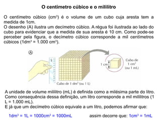 O centímetro cúbico e o mililitro

O centímetro cúbico (cm3) é o volume de um cubo cuja aresta tem a
medida de 1cm.
O desenho (A) ilustra um decímetro cúbico. A régua foi ilustrada ao lado do
cubo para evidenciar que a medida de sua aresta é 10 cm. Como pode-se
perceber pela figura, o decímetro cúbico corresponde a mil centímetros
cúbicos (1dm3 = 1.000 cm3).




A unidade de volume mililitro (mL) é definida como a milésima parte do litro.
Como consequência dessa definição, um litro corresponde a mil mililitros (1
L = 1.000 mL).
E já que um decímetro cúbico equivale a um litro, podemos afirmar que:

  1dm3 = 1L = 1000cm3 = 1000mL             assim decorre que: 1cm3 = 1mL
 