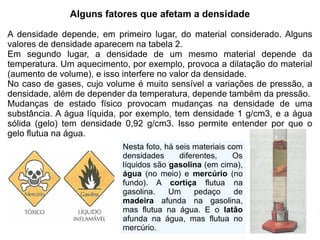 Alguns fatores que afetam a densidade

A densidade depende, em primeiro lugar, do material considerado. Alguns
valores de densidade aparecem na tabela 2.
Em segundo lugar, a densidade de um mesmo material depende da
temperatura. Um aquecimento, por exemplo, provoca a dilatação do material
(aumento de volume), e isso interfere no valor da densidade.
No caso de gases, cujo volume é muito sensível a variações de pressão, a
densidade, além de depender da temperatura, depende também da pressão.
Mudanças de estado físico provocam mudanças na densidade de uma
substância. A água líquida, por exemplo, tem densidade 1 g/cm3, e a água
sólida (gelo) tem densidade 0,92 g/cm3. Isso permite entender por que o
gelo flutua na água.
                           Nesta foto, há seis materiais com
                           densidades      diferentes,    Os
                           líquidos são gasolina (em cima),
                           água (no meio) e mercúrio (no
                           fundo). A cortiça flutua na
                           gasolina.    Um      pedaço     de
                           madeira afunda na gasolina,
                           mas flutua na água. E o latão
                           afunda na água, mas flutua no
                           mercúrio.
 