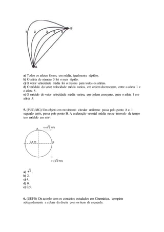 a) Todos os atletas foram, em média, igualmente rápidos.
b) O atleta de número 5 foi o mais rápido.
c) O vetor velocidade média foi o mesmo para todos os atletas.
d) O módulo do vetor velocidade média variou, em ordem decrescente, entre o atleta 1 e
o atleta 5.
e) O módulo do vetor velocidade média variou, em ordem crescente, entre o atleta 1 e o
atleta 5.
5. (PUC-MG) Um objeto em movimento circular uniforme passa pelo ponto A e, 1
segundo após, passa pelo ponto B. A aceleração vetorial média nesse intervalo de tempo
tem módulo em m/s2:
a) .
b) 2.
c) 4.
d) 0.
e) 0,5.
6. (UEPB) De acordo com os conceitos estudados em Cinemática, complete
adequadamente a coluna da direita com os itens da esquerda:
 