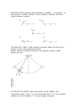 10. (UFSCar-SP) Nos esquemas estão representadas a velocidade e a aceleração do
ponto material P. Assinale a alternativa em que o módulo da velocidade desse ponto
material permanece constante.
11. (Uniube-MG) A figura a seguir representa um pêndulo simples que oscila entre as
posições A e B, no campo gravitacional terrestre.
Quando o pêndulo se encontra na posição P, a sua aceleração resultante é melhor
indicada pelo vetor:
a) 1.
b) 2.
c) 3.
d) 4.
e) 5.
12. (Ufla-MG) Uma partícula realiza um movimento circular uniforme, que é
representado na figura a seguir: é o vetor da velocidade linear, é o vetor aceleração
centrípeta, R é o raio da trajetória e é a posição angular da partícula.
 