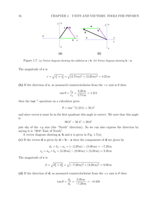 16 CHAPTER 1. UNITS AND VECTORS: TOOLS FOR PHYSICS
x
y
b
a
N
E
W
S
x
y
b
-a
N
E
W
S
(a) (b)
c
d
Figure 1.7: (a) Vector diagram showing the addition a + b. (b) Vector diagram showing b − a.
The magnitude of c is
c =
q
c2
x + c2
y =
q
(2.71 m)2 + (3.28 m)2 = 4.25 m
(b) If the direction of c, as measured counterclockwise from the +x axis is θ then
tan θ =
cy
cx
=
3.28 m
2.71 m
= 1.211
then the tan−1
operation on a calculator gives
θ = tan−1
(1.211) = 50.4◦
and since vector c must lie in the first quadrant this angle is correct. We note that this angle
is
90.0◦
− 50.4◦
= 39.6◦
just shy of the +y axis (the “North” direction). So we can also express the direction by
saying it is “39.6◦
East of North”.
A vector diagram showing a, b and c is given in Fig. 1.7(a).
(c) If the vector d is given by d = b − a then the components of d are given by
dx = bx − ax = (−2.29 m) − (5.00 m) = −7.29 m
cy = ay + by = (3.28 m) − (0.00 m) + (3.28 m) = 3.28 m
The magnitude of c is
d =
q
d2
x + d2
y =
q
(−7.29 m)2 + (3.28 m)2 = 8.00 m
(d) If the direction of d, as measured counterclockwise from the +x axis is θ then
tan θ =
dy
dx
=
3.28 m
−7.29 m
= −0.450
 