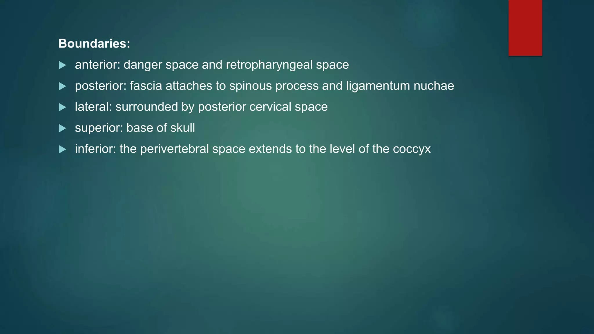 Boundaries:
 anterior: danger space and retropharyngeal space
 posterior: fascia attaches to spinous process and ligamentum nuchae
 lateral: surrounded by posterior cervical space
 superior: base of skull
 inferior: the perivertebral space extends to the level of the coccyx
 
