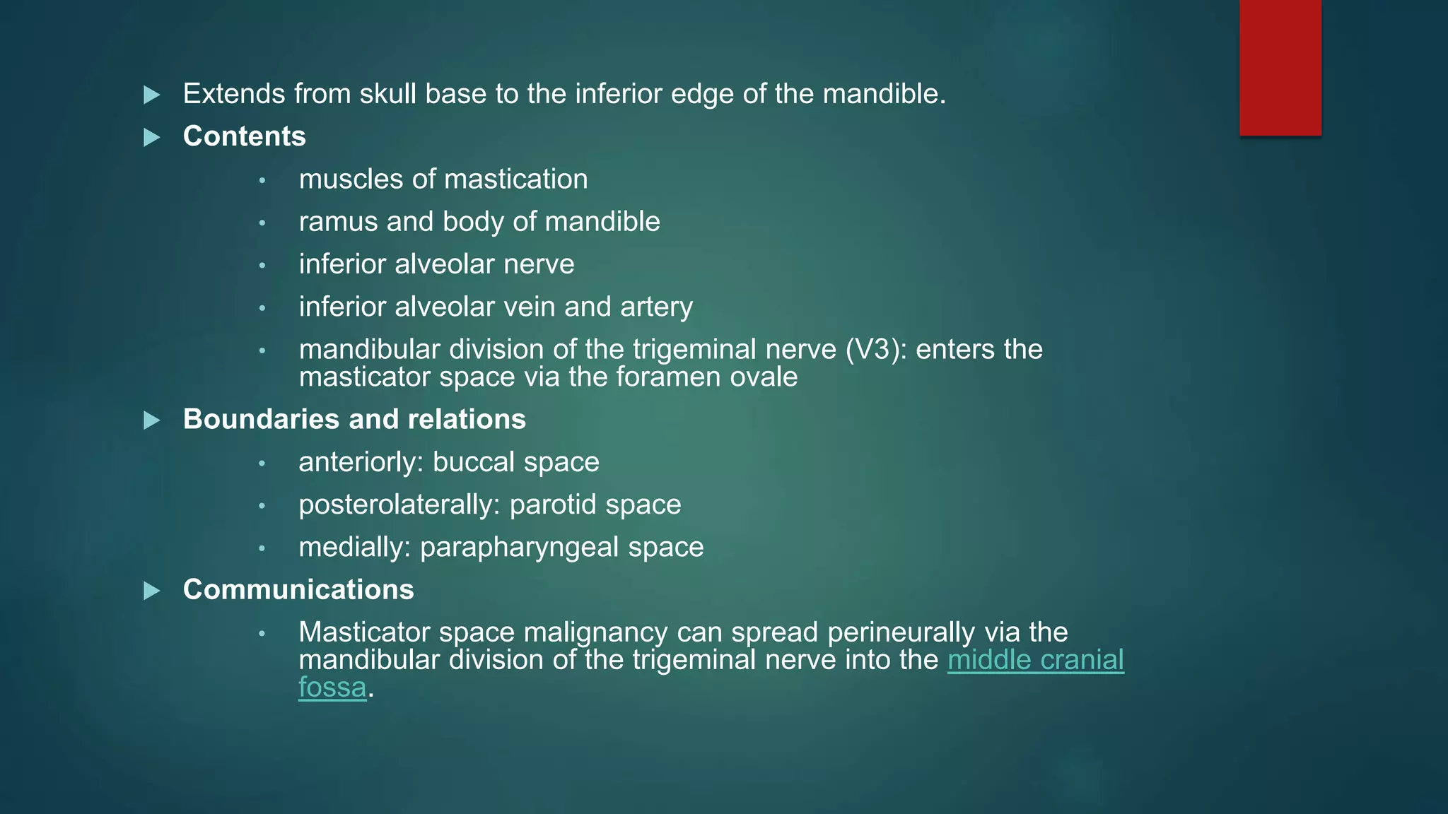  Extends from skull base to the inferior edge of the mandible.
 Contents
• muscles of mastication
• ramus and body of mandible
• inferior alveolar nerve
• inferior alveolar vein and artery
• mandibular division of the trigeminal nerve (V3): enters the
masticator space via the foramen ovale
 Boundaries and relations
• anteriorly: buccal space
• posterolaterally: parotid space
• medially: parapharyngeal space
 Communications
• Masticator space malignancy can spread perineurally via the
mandibular division of the trigeminal nerve into the middle cranial
fossa.
 