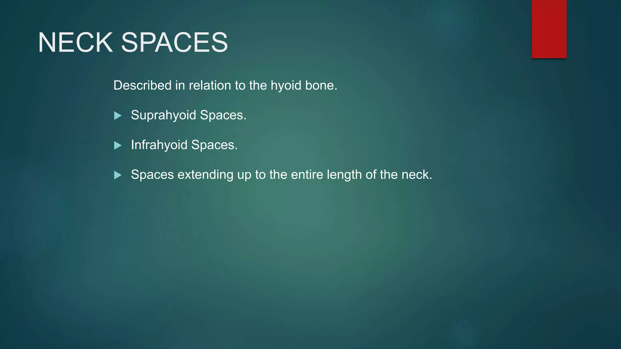 NECK SPACES
Described in relation to the hyoid bone.
 Suprahyoid Spaces.
 Infrahyoid Spaces.
 Spaces extending up to the entire length of the neck.
 