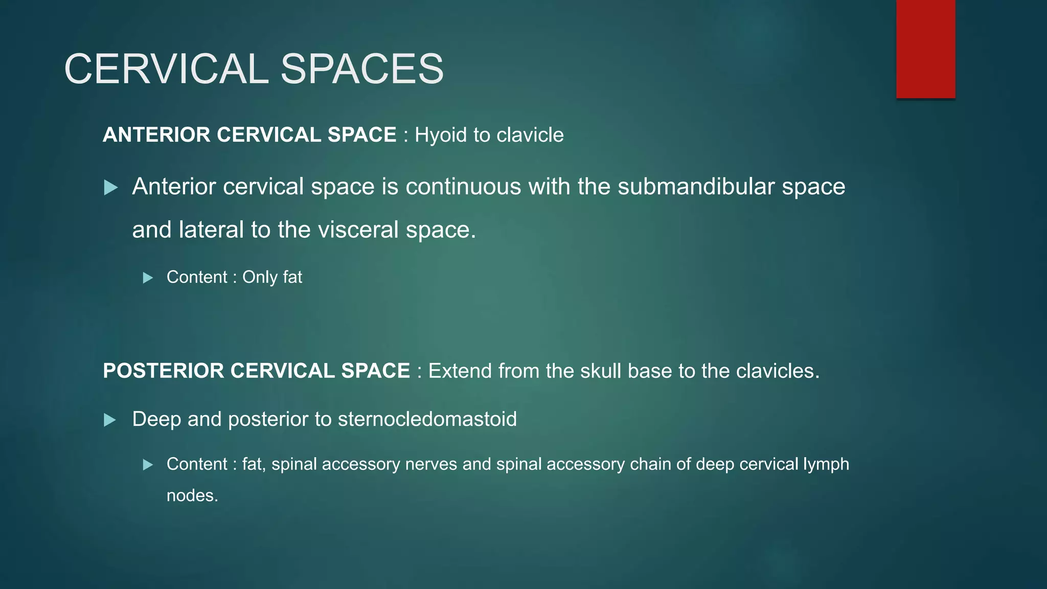 CERVICAL SPACES
ANTERIOR CERVICAL SPACE : Hyoid to clavicle
 Anterior cervical space is continuous with the submandibular space
and lateral to the visceral space.
 Content : Only fat
POSTERIOR CERVICAL SPACE : Extend from the skull base to the clavicles.
 Deep and posterior to sternocledomastoid
 Content : fat, spinal accessory nerves and spinal accessory chain of deep cervical lymph
nodes.
 