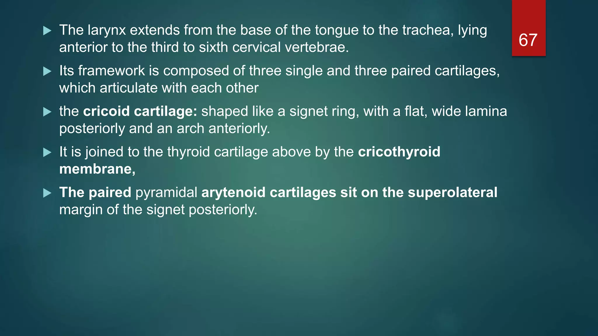  The larynx extends from the base of the tongue to the trachea, lying
anterior to the third to sixth cervical vertebrae.
 Its framework is composed of three single and three paired cartilages,
which articulate with each other
 the cricoid cartilage: shaped like a signet ring, with a flat, wide lamina
posteriorly and an arch anteriorly.
 It is joined to the thyroid cartilage above by the cricothyroid
membrane,
 The paired pyramidal arytenoid cartilages sit on the superolateral
margin of the signet posteriorly.
67
 